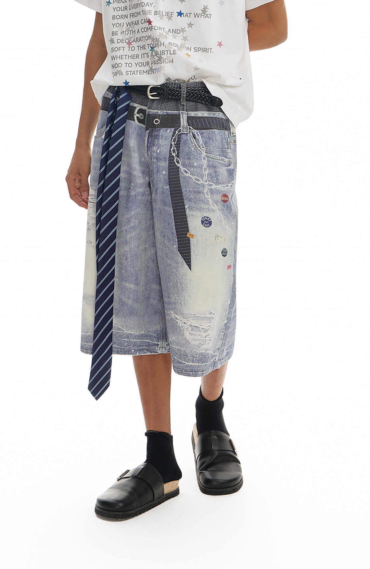 TGNS Trompe-l'œil  Distressed Double-Waist Jorts