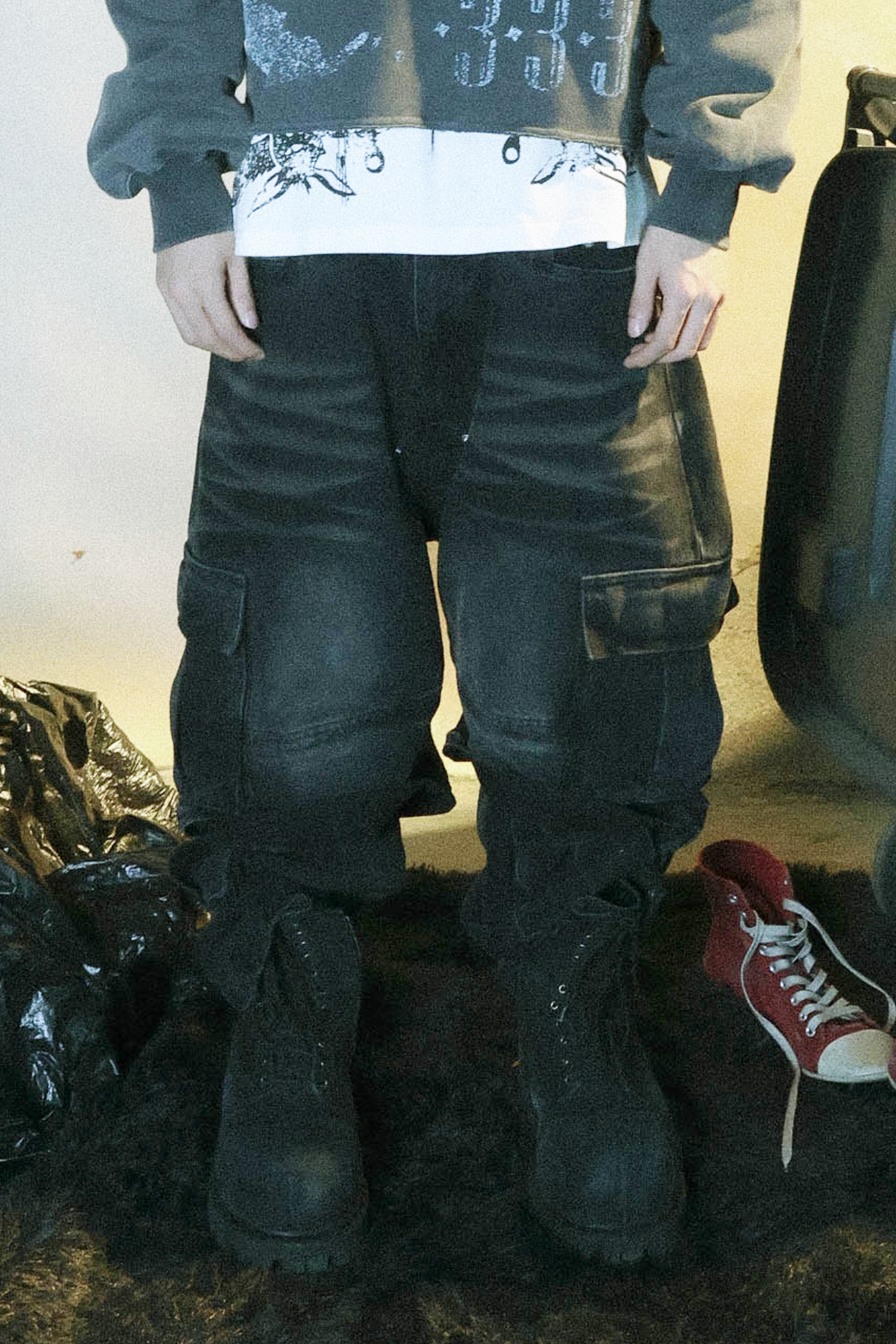 PCCVISION Washed Double-Layered Multi-Pockets Jeans