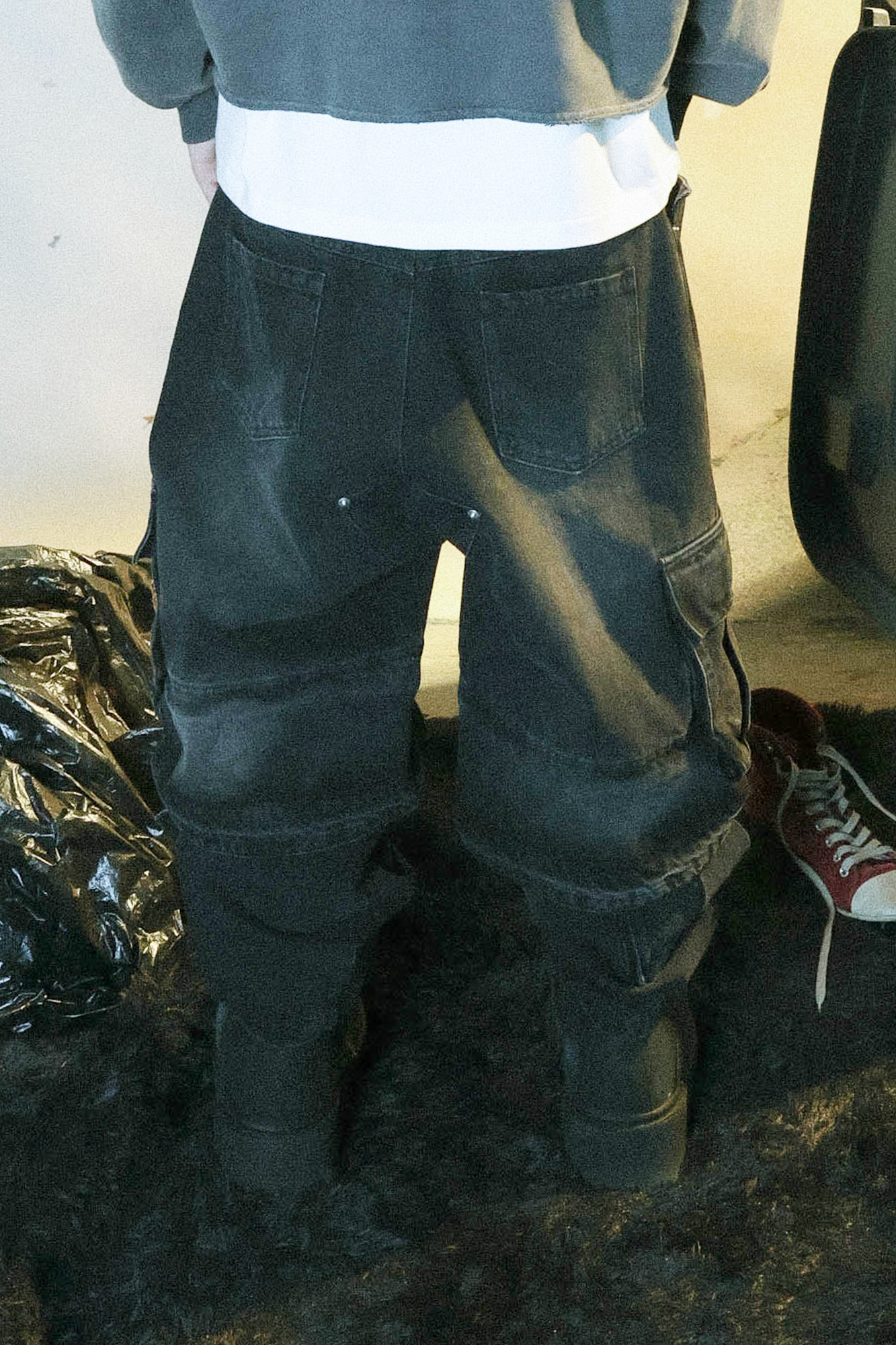 PCCVISION Washed Double-Layered Multi-Pockets Jeans