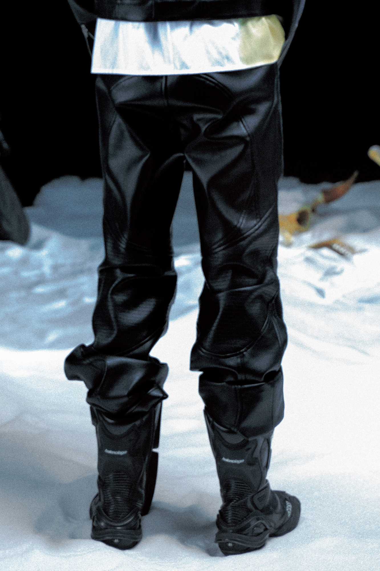 PCCVISION Pleated Knee Flare Faux Leather Pants