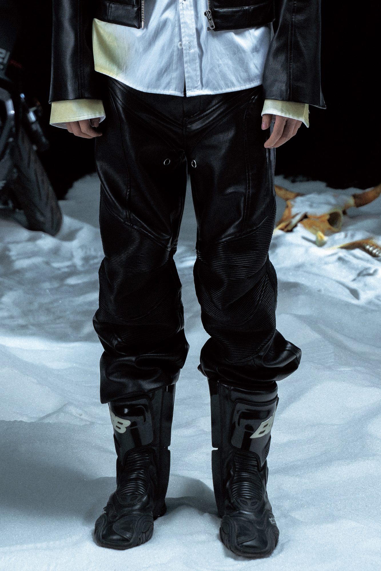 PCCVISION Pleated Knee Flare Faux Leather Pants