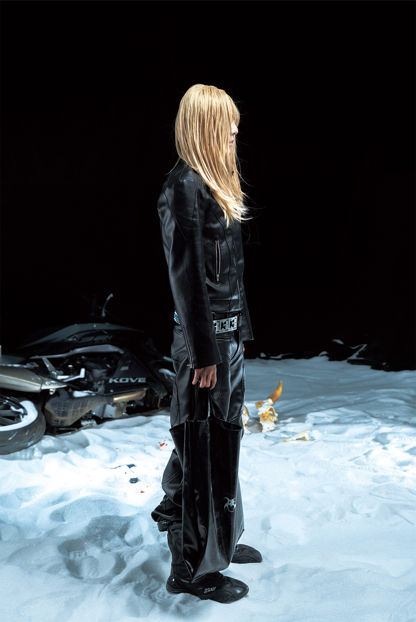 PCCVISION Pleated Knee Flare Faux Leather Pants