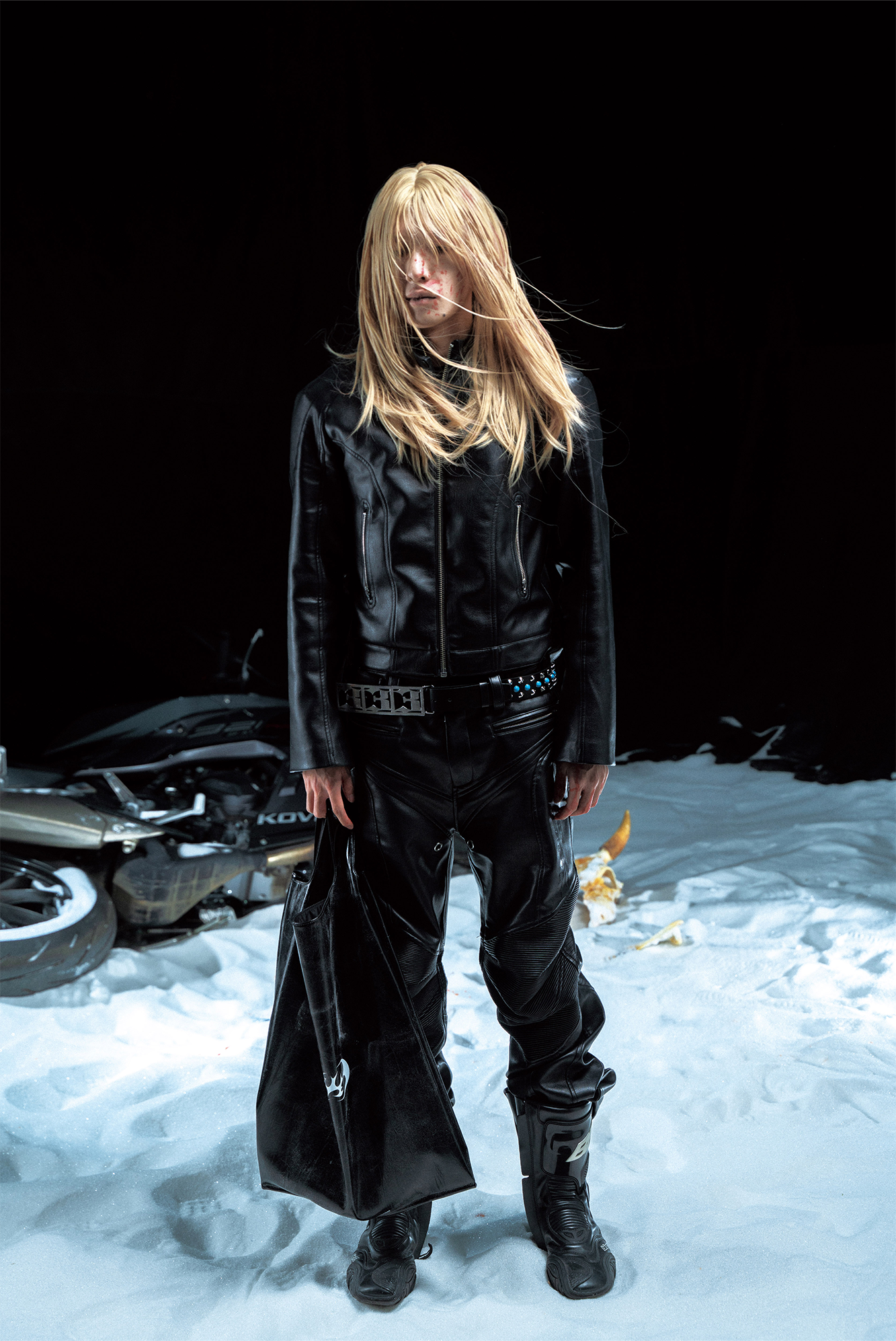 PCCVISION Pleated Knee Flare Faux Leather Pants