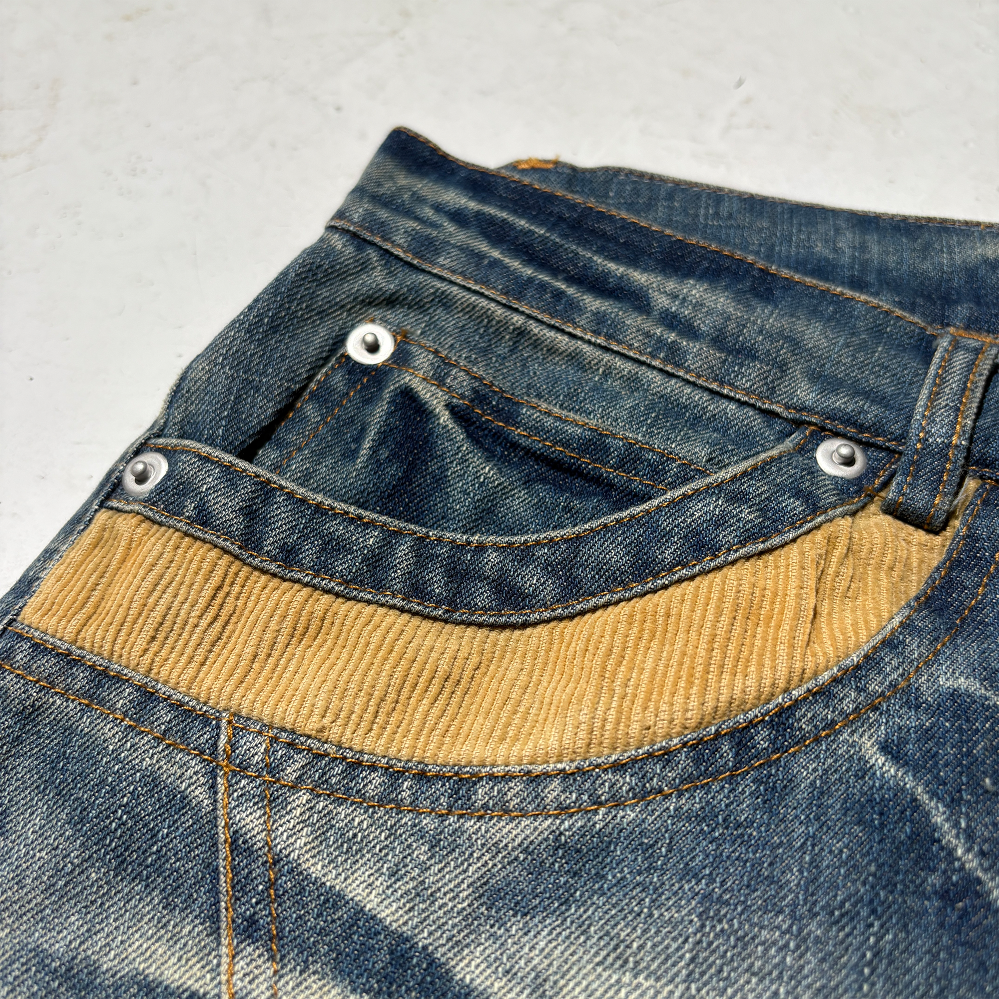 PCCVISION Washed Spliced Wrinkled Baggy Jeans