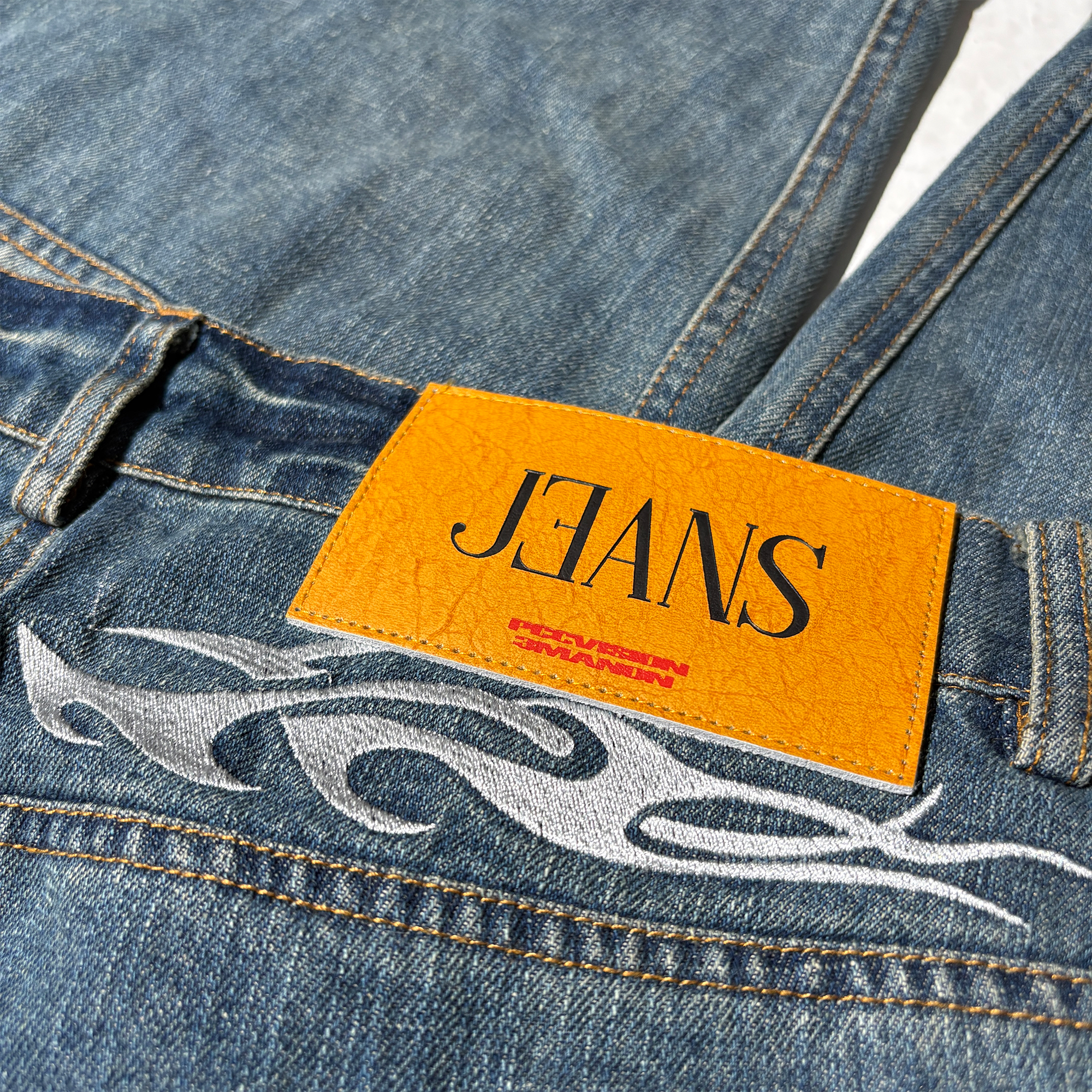 PCCVISION Washed Spliced Wrinkled Baggy Jeans