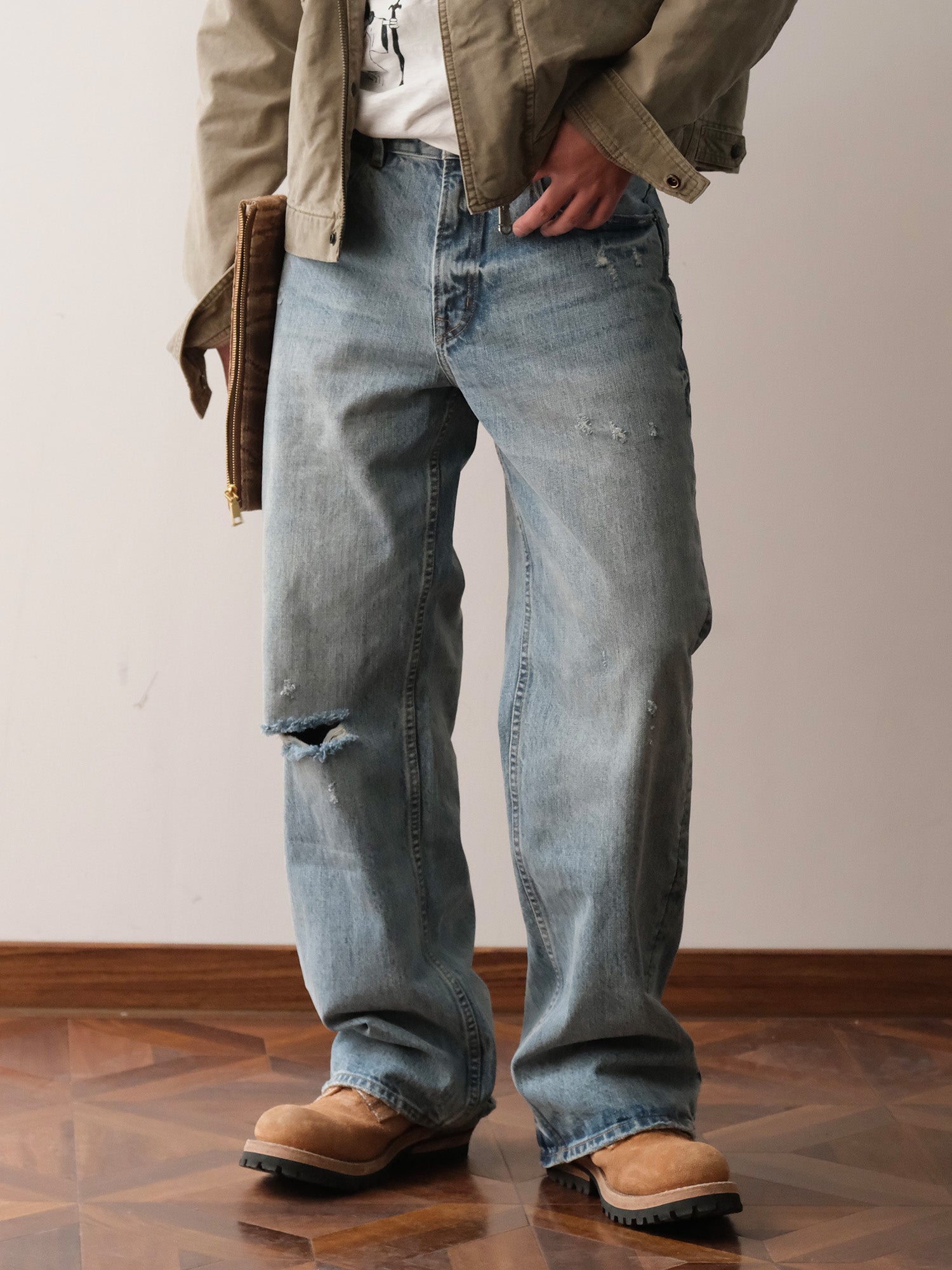 NEIGBORL Washed Distressed Straight-Leg Jeans, premium urban and streetwear designers apparel on PROJECTISR.com, NEIGBORL