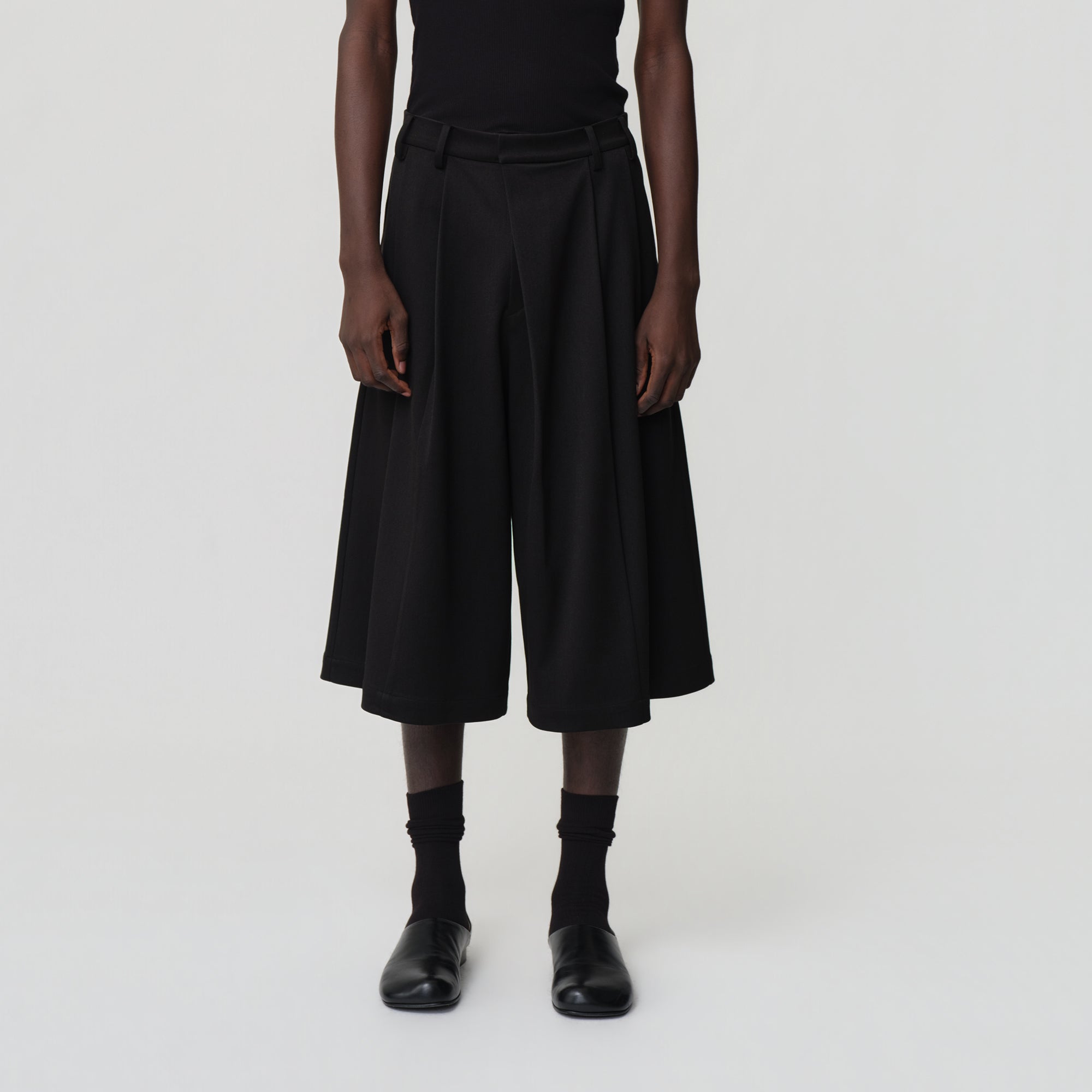 OPICLOTH Asymmetrical Pleated Wool-Blend Shorts, premium urban and streetwear designers apparel on PROJECTISR.com, OPICLOTH