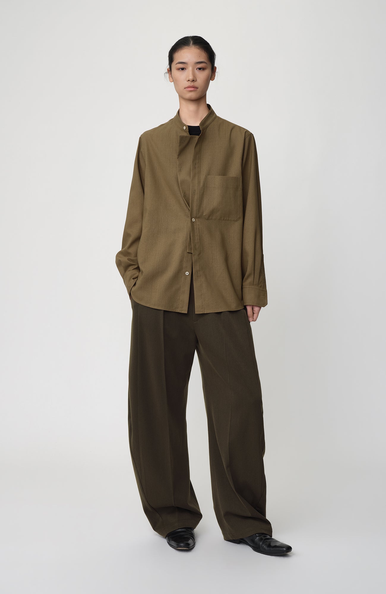 OPICLOTH Layered-Placket Stand-Collar Shirt