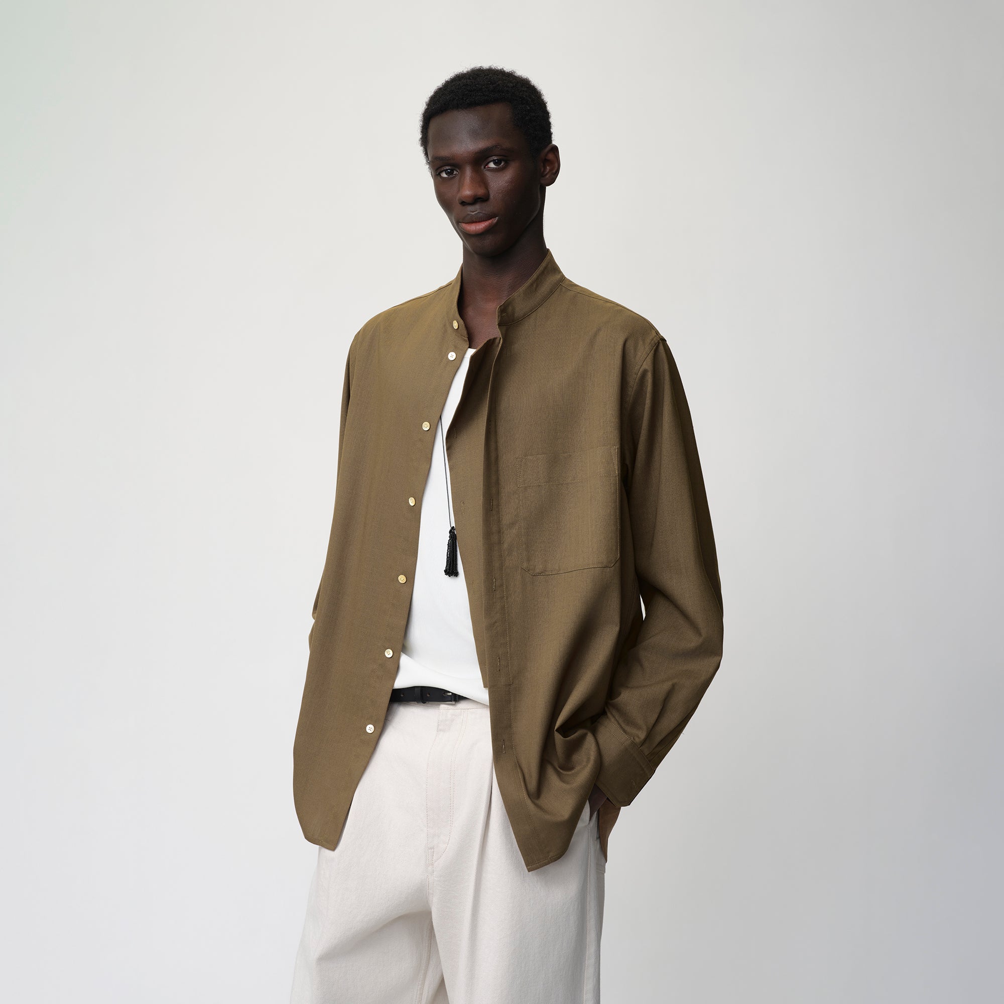 OPICLOTH Layered-Placket Stand-Collar Shirt