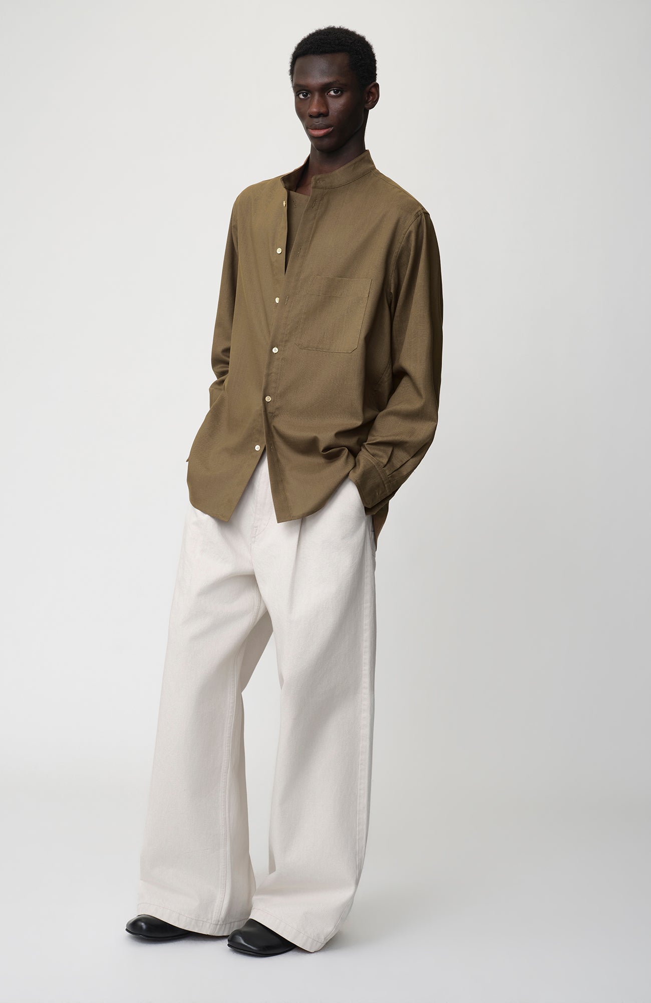 OPICLOTH Layered-Placket Stand-Collar Shirt