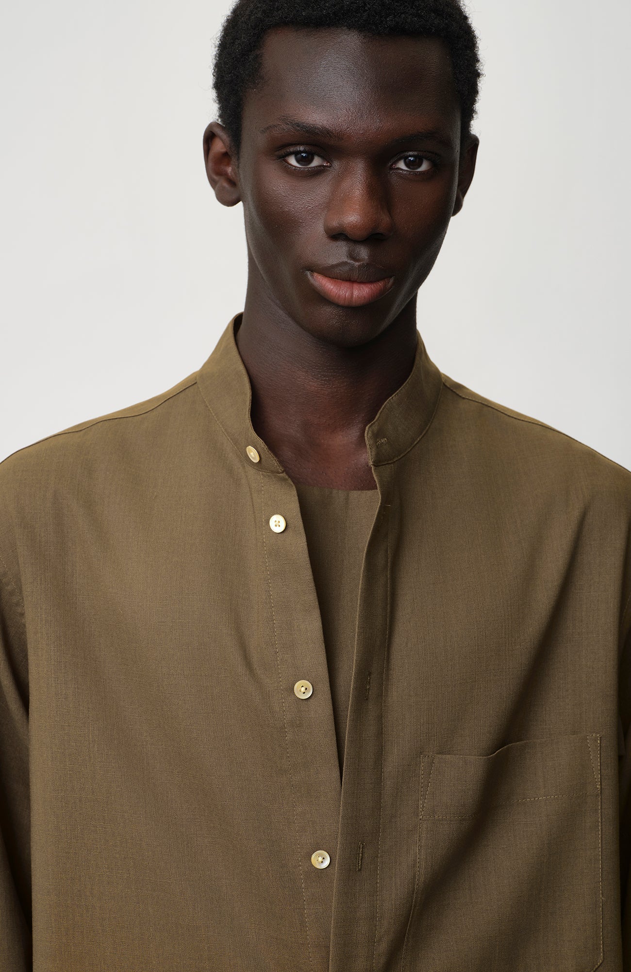 OPICLOTH Layered-Placket Stand-Collar Shirt, premium urban and streetwear designers apparel on PROJECTISR.com, OPICLOTH