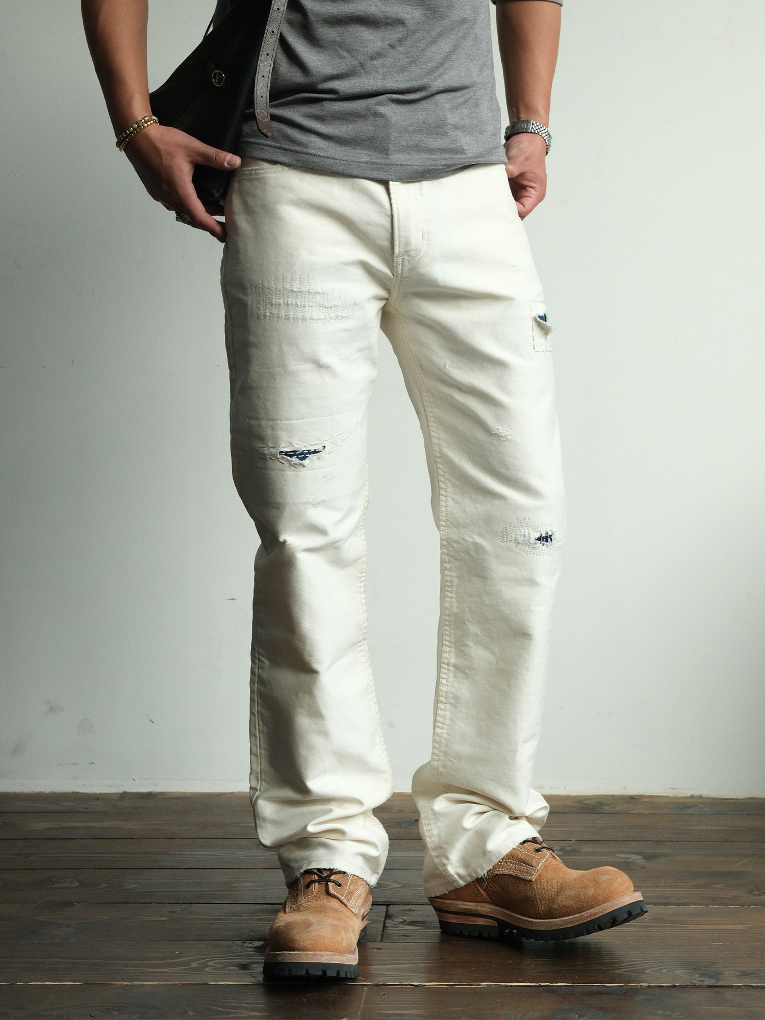 NEIGBORL Distressed Washed Patchwork Pants White, premium urban and streetwear designers apparel on PROJECTISR.com, NEIGBORL