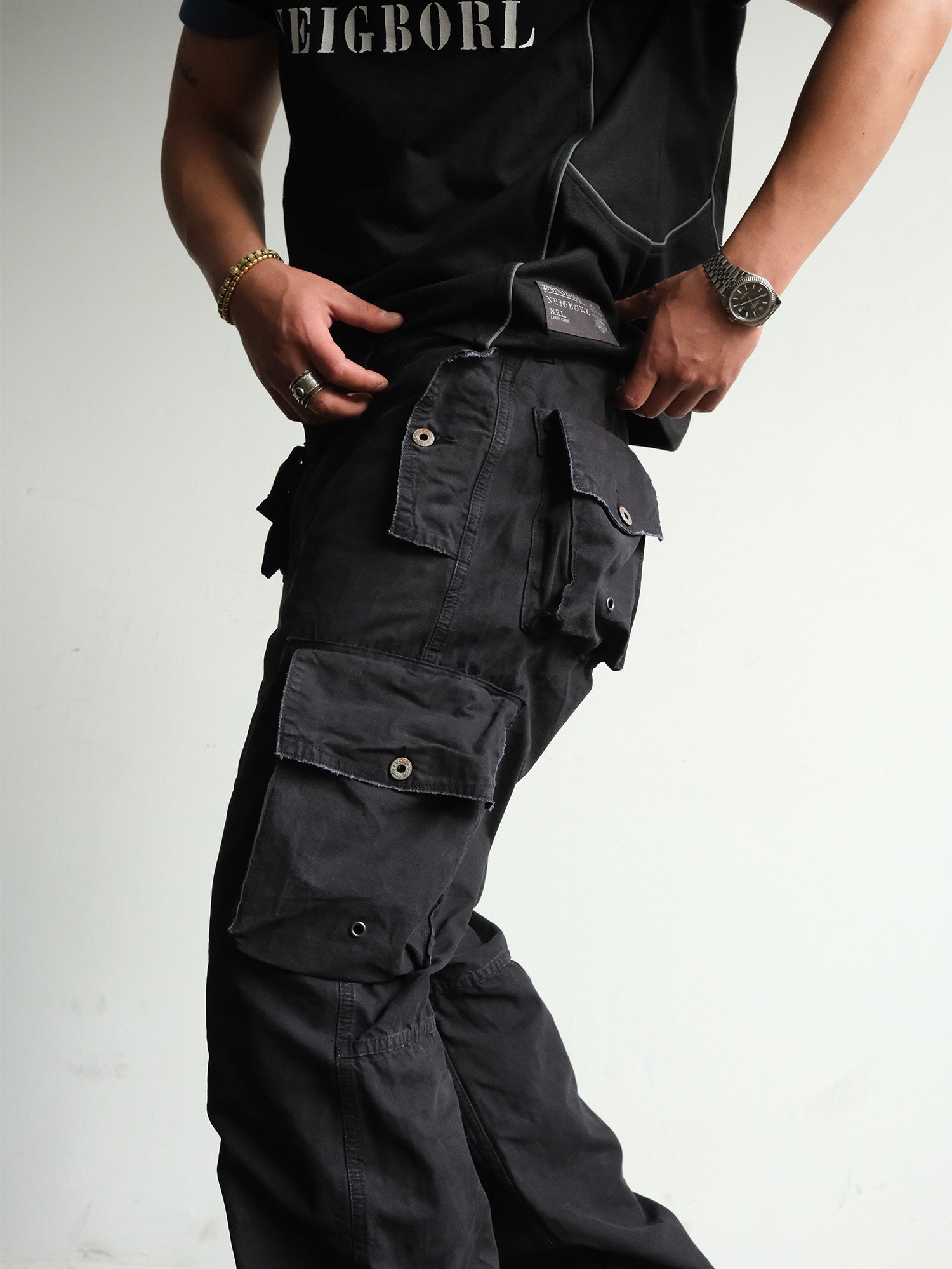 NEIGBORL Washed Distressed Multi-Pocket Cargo Pants, premium urban and streetwear designers apparel on PROJECTISR.com, NEIGBORL
