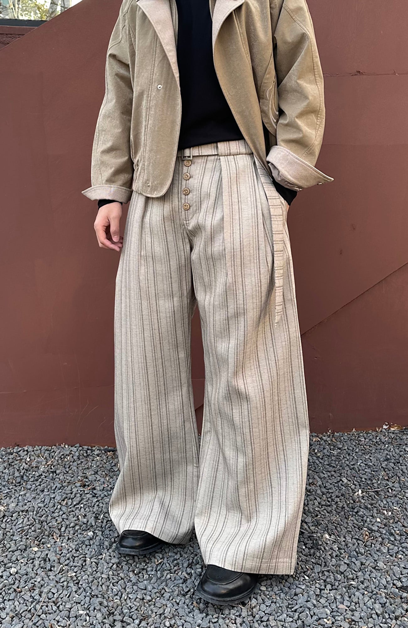 CATSSTAC Button-Closure Striped Double-Pleat Trousers, premium urban and streetwear designers apparel on PROJECTISR.com, CATSSTAC