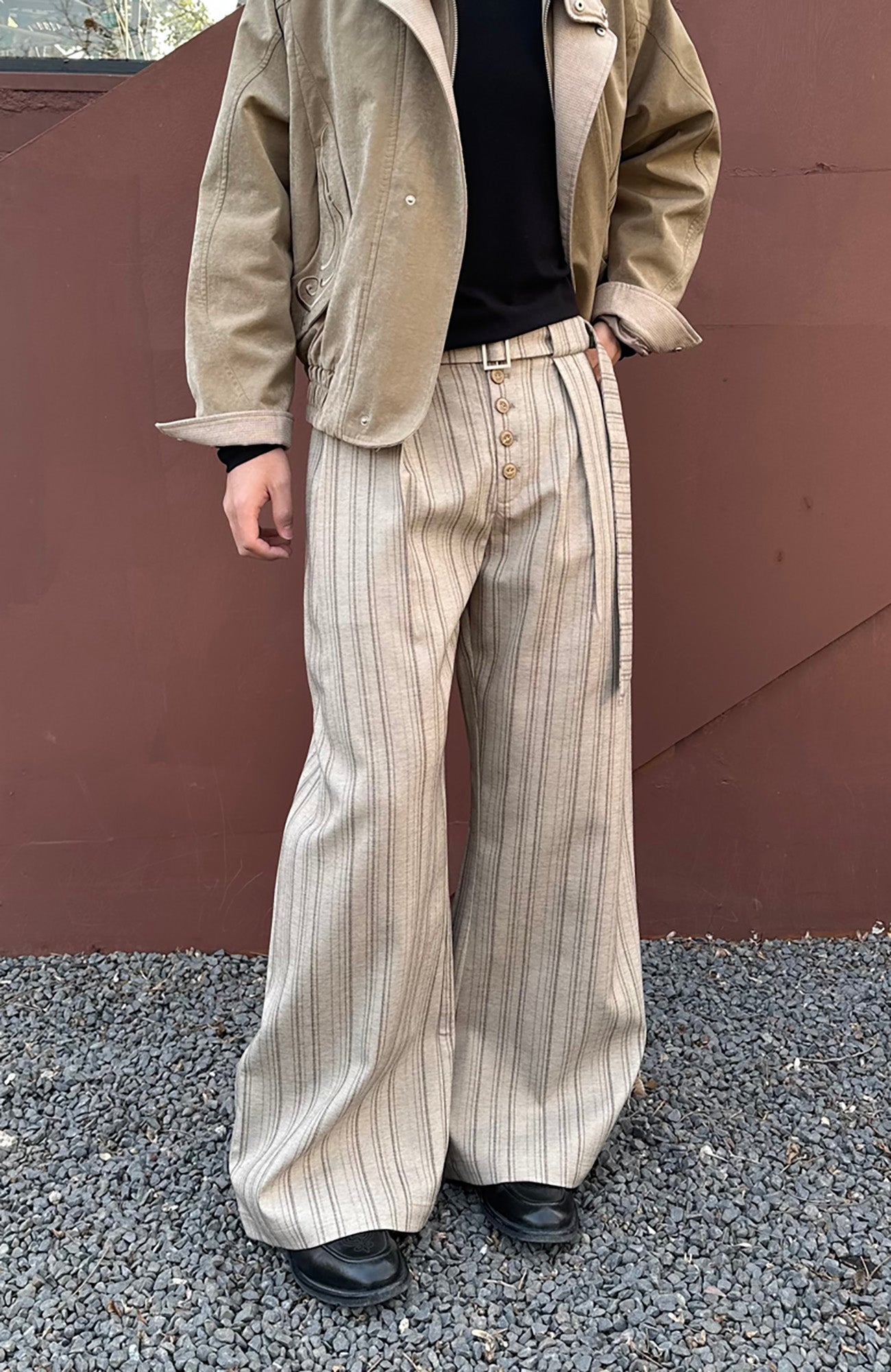 CATSSTAC Button-Closure Striped Double-Pleat Trousers, premium urban and streetwear designers apparel on PROJECTISR.com, CATSSTAC