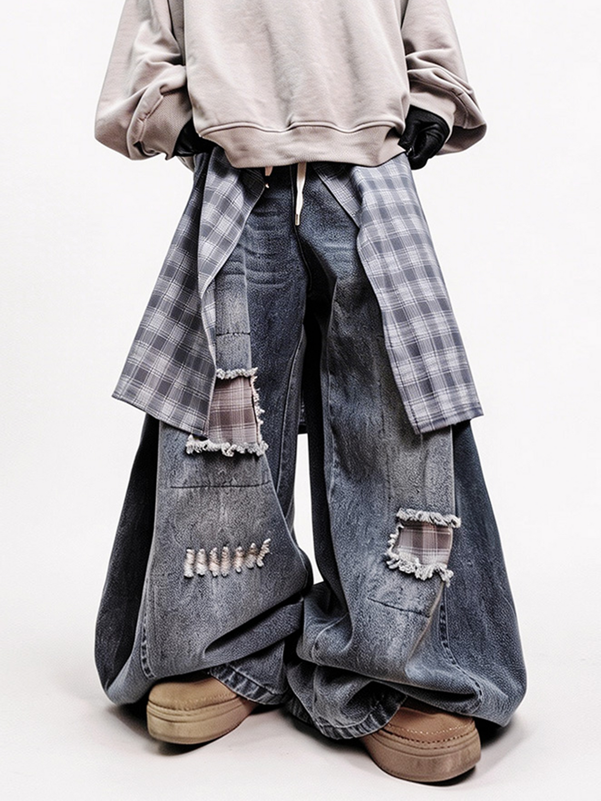 UUCSCC Distressed Layered Plaid Patch Wide-Leg Jeans