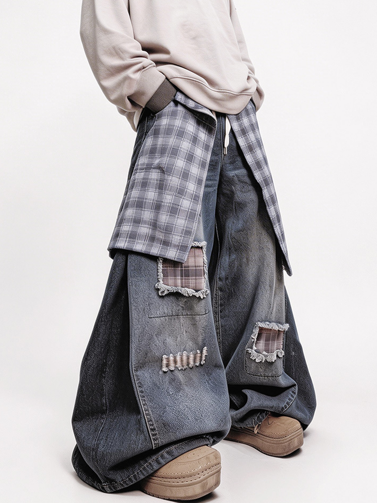 UUCSCC Distressed Layered Plaid Patch Wide-Leg Jeans