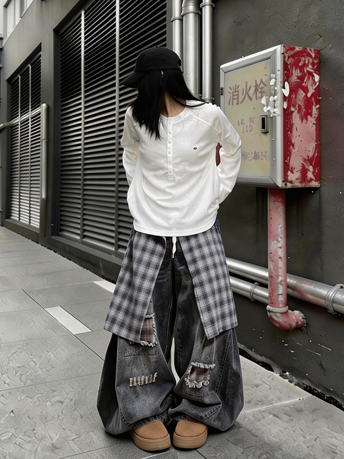 UUCSCC Distressed Layered Plaid Patch Wide-Leg Jeans