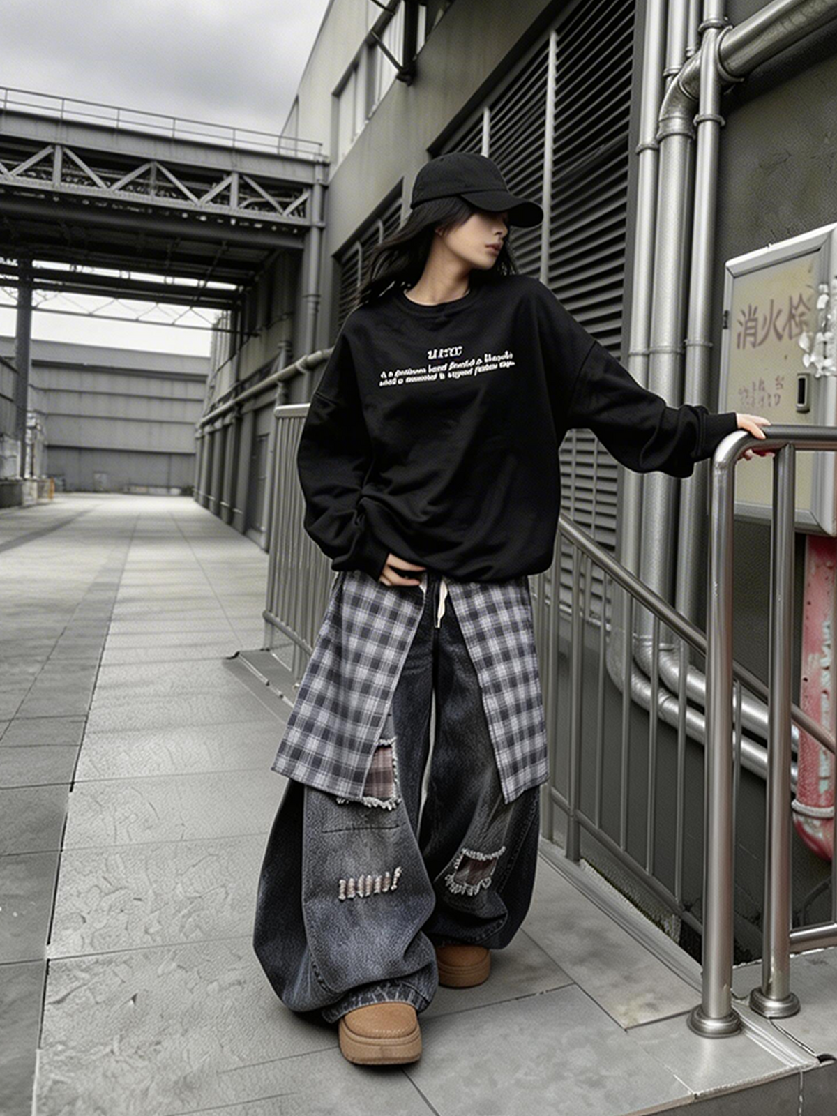 UUCSCC Distressed Layered Plaid Patch Wide-Leg Jeans