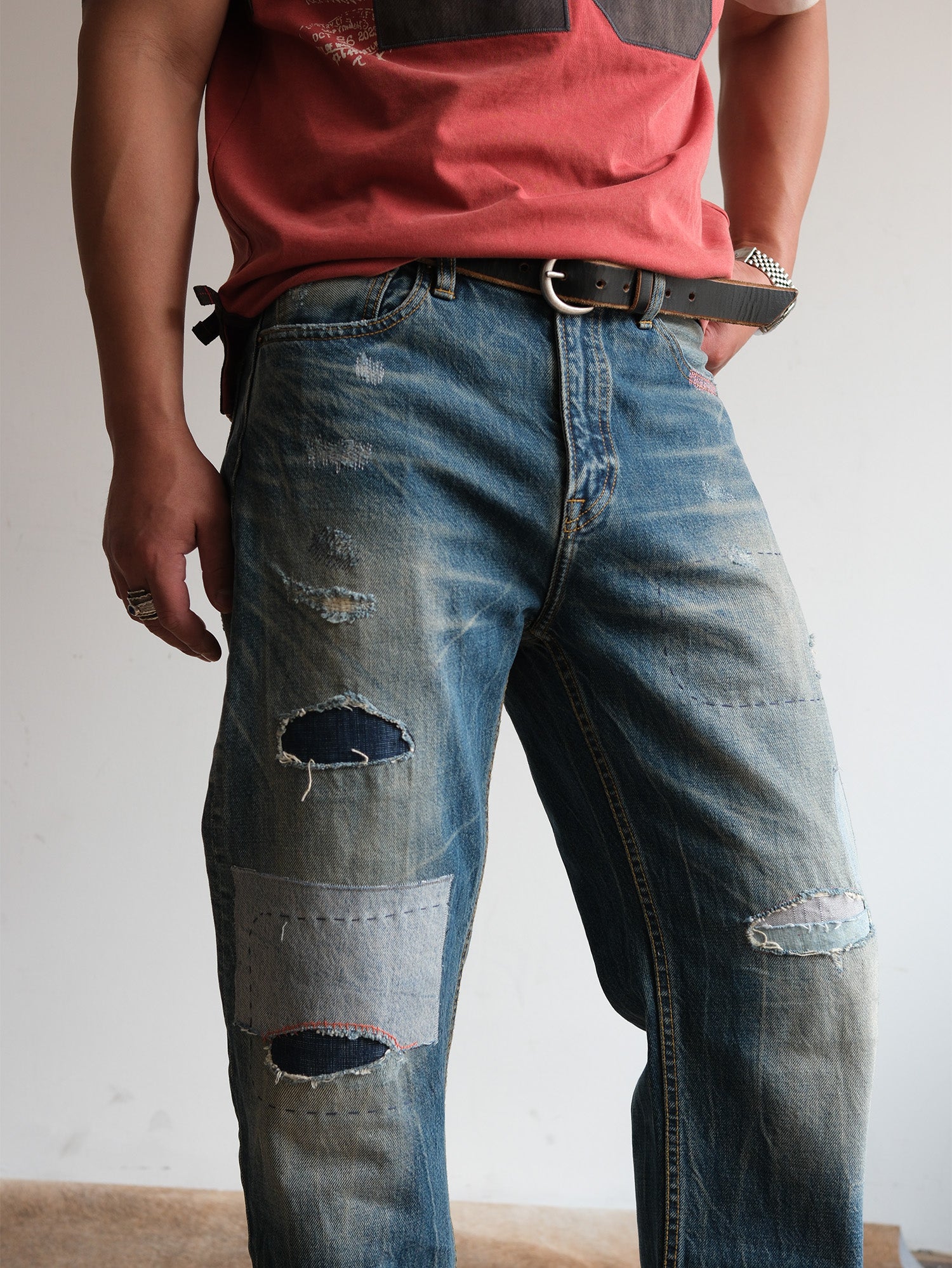 NEIGBORL Retro Washed Patch Distressed Jeans, premium urban and streetwear designers apparel on PROJECTISR.com, NEIGBORL