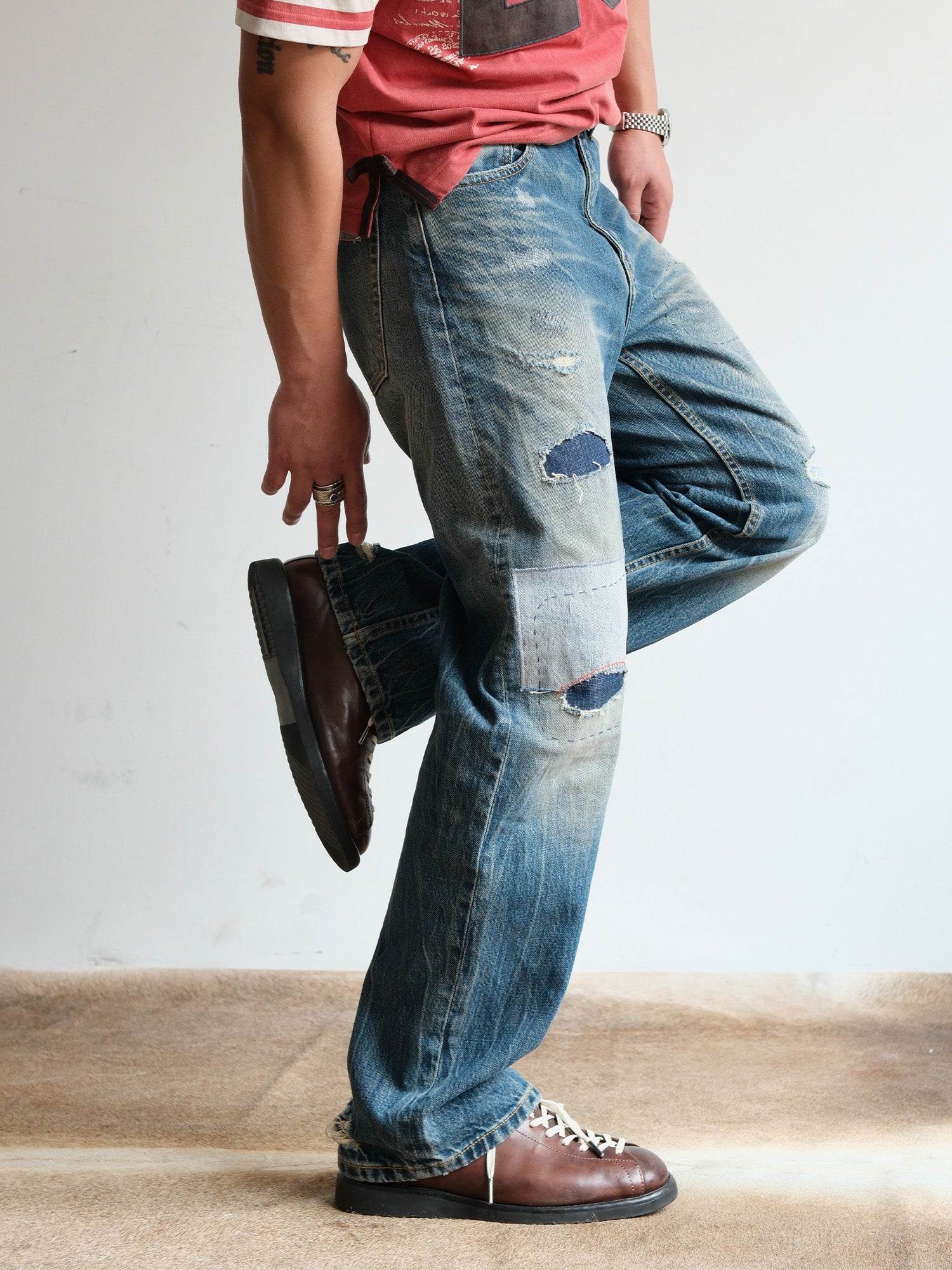 NEIGBORL Retro Washed Patch Distressed Jeans, premium urban and streetwear designers apparel on PROJECTISR.com, NEIGBORL
