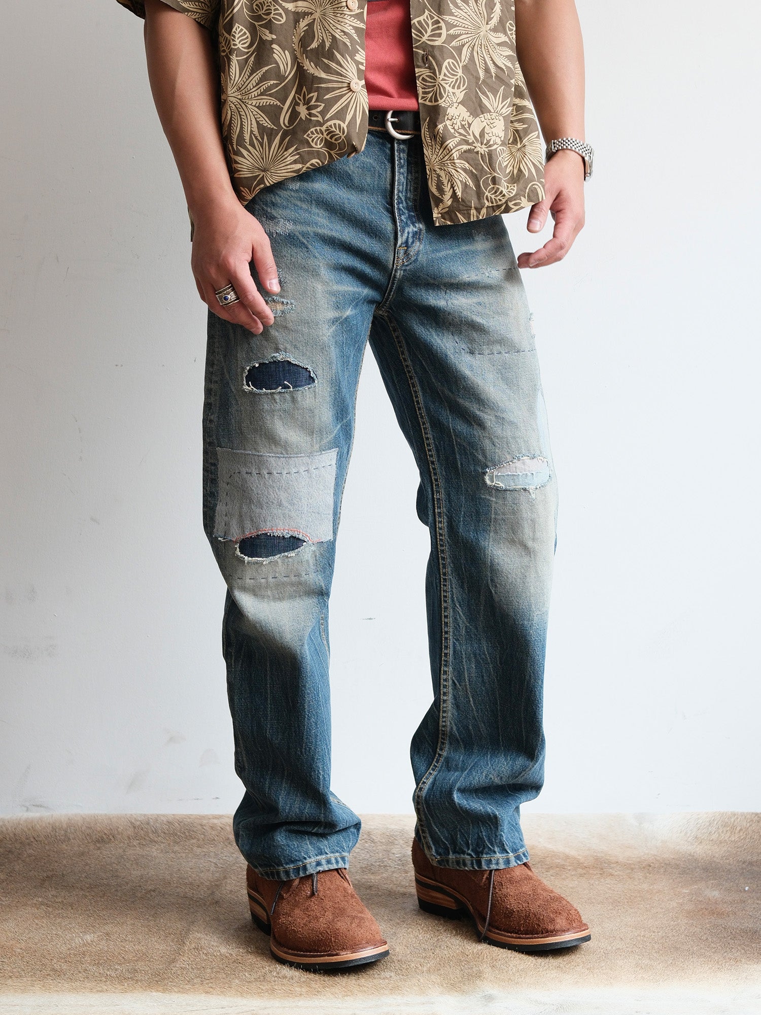 NEIGBORL Retro Washed Patch Distressed Jeans, premium urban and streetwear designers apparel on PROJECTISR.com, NEIGBORL