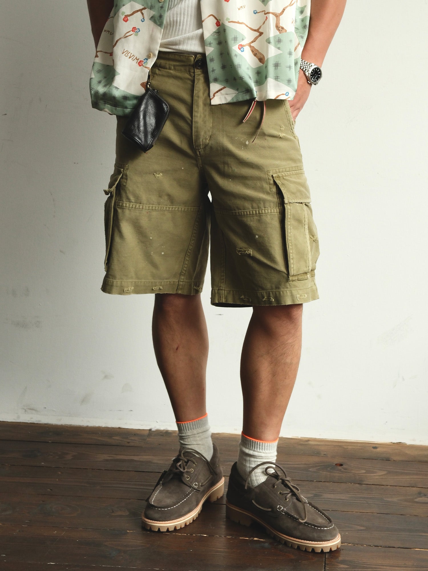 NEIGBORL Distressed Multi-Pocket Washed Cargo Shorts, premium urban and streetwear designers apparel on PROJECTISR.com, NEIGBORL