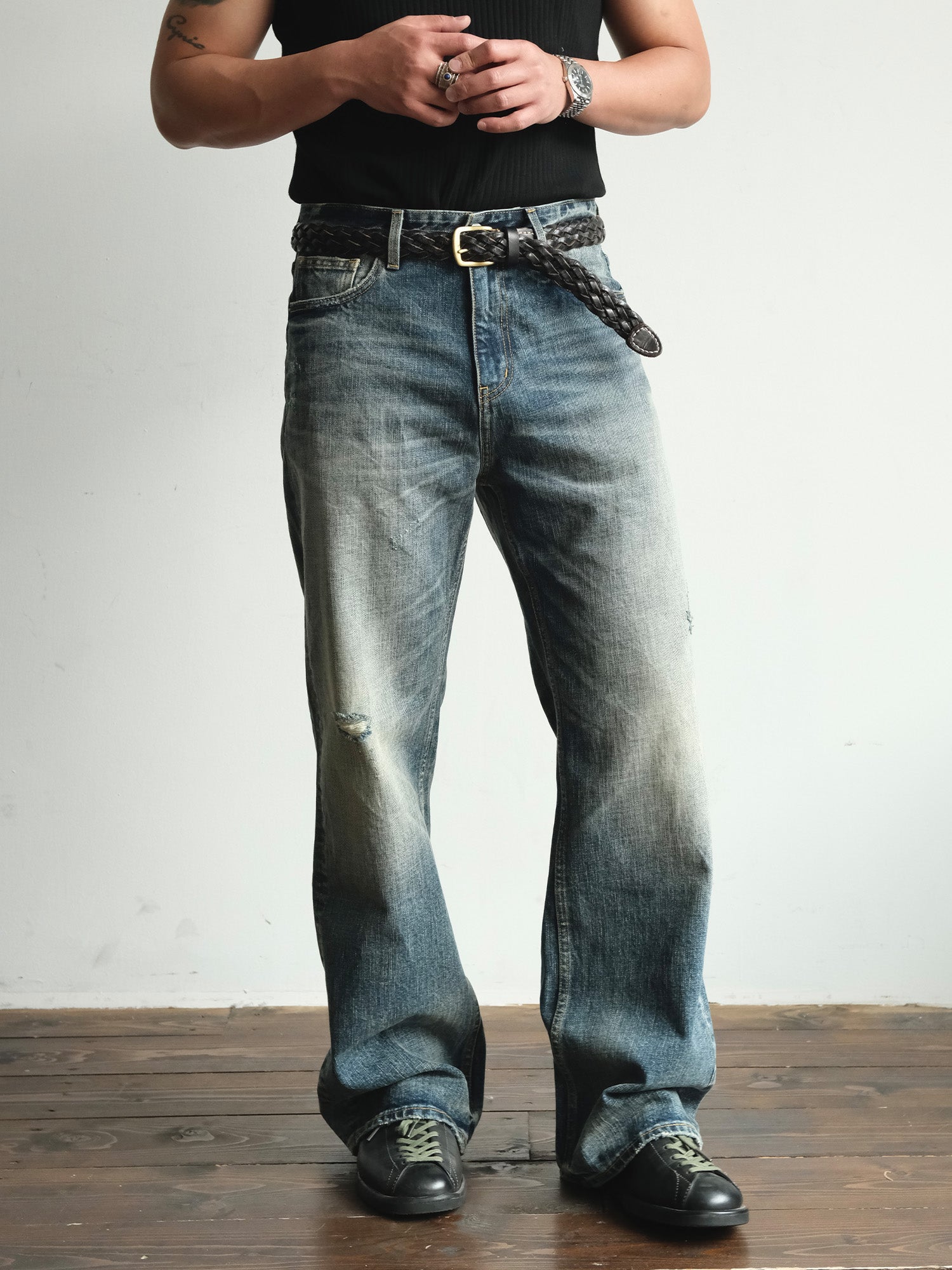 NEIGBORL Washed Distressed Flared Jeans, premium urban and streetwear designers apparel on PROJECTISR.com, NEIGBORL