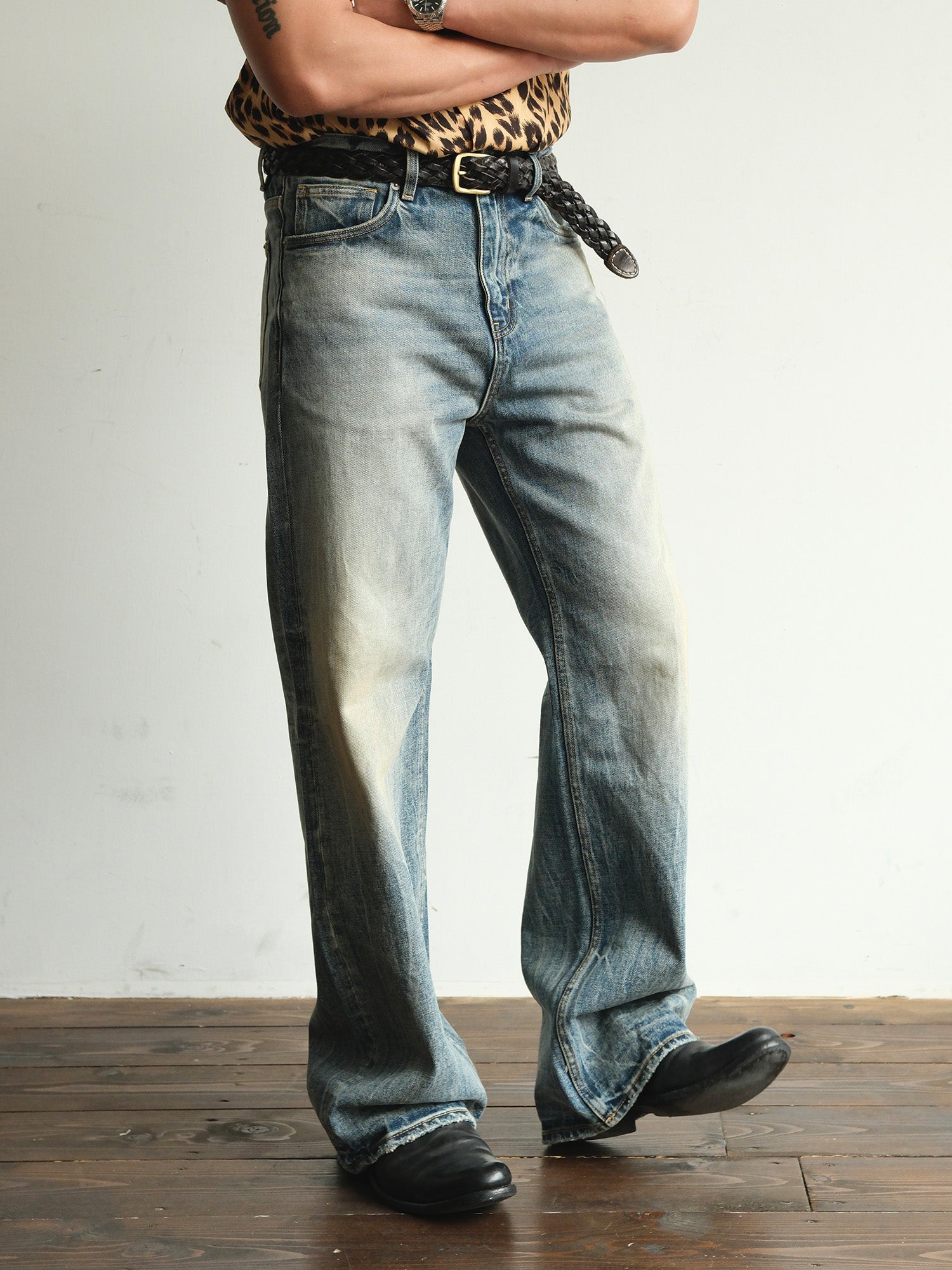 NEIGBORL Washed Distressed Straight-Leg Jeans, premium urban and streetwear designers apparel on PROJECTISR.com, NEIGBORL