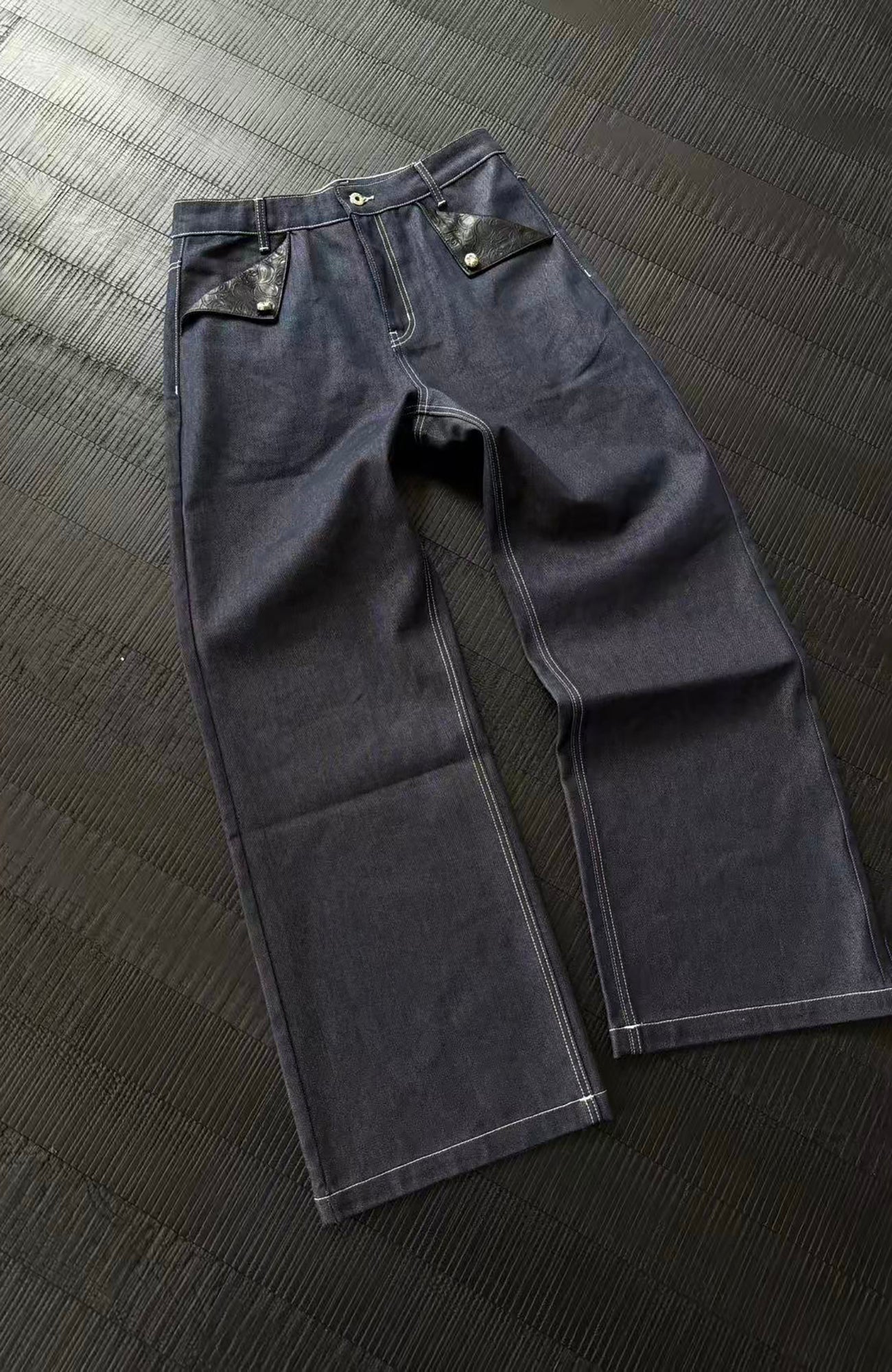 KREATE Raw PU-Paneled Flare Denim, premium urban and streetwear designers apparel on PROJECTISR.com, KREATE