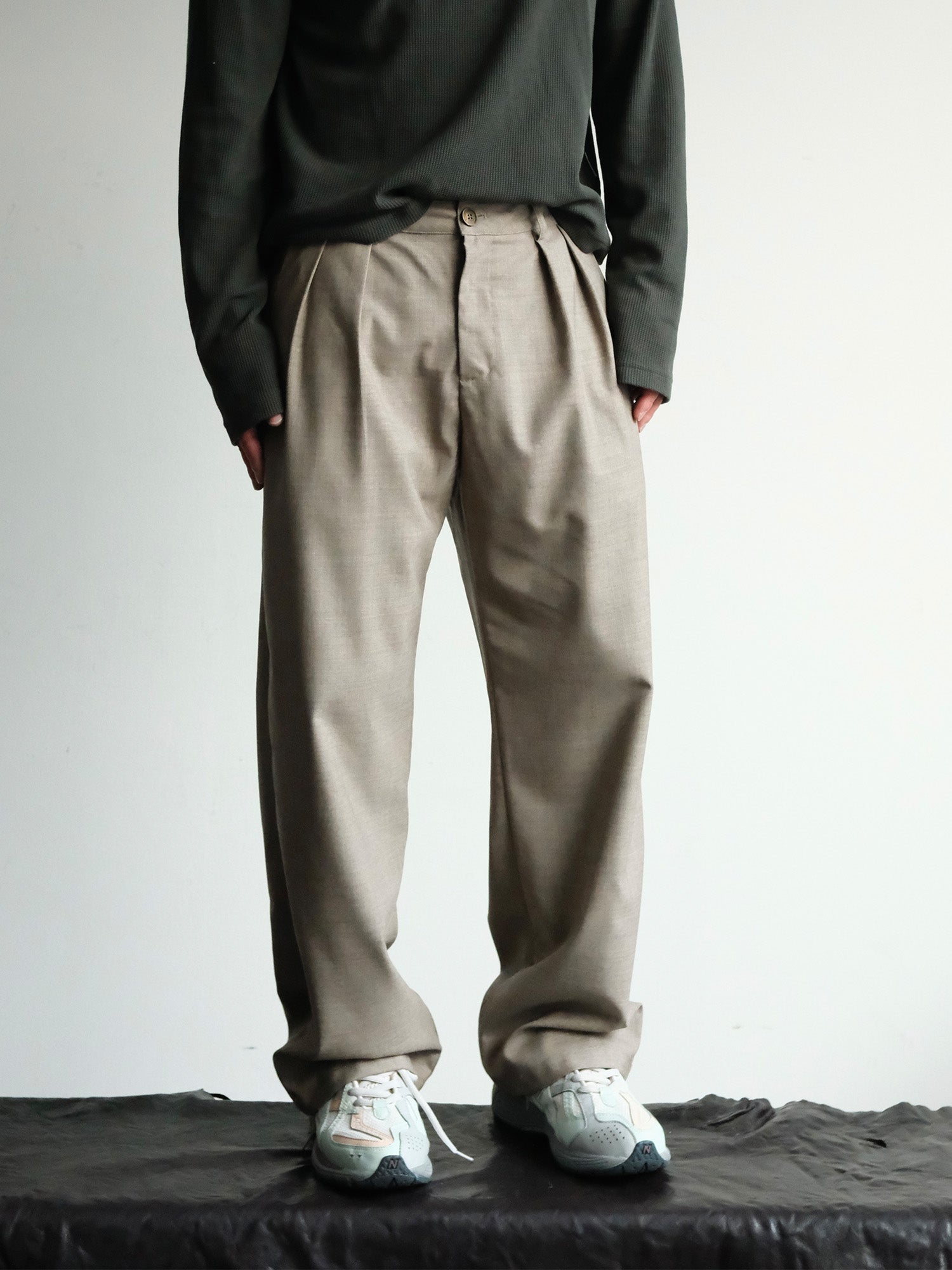NEIGBORL Wool Double-Pleated Straight-Leg Trousers, premium urban and streetwear designers apparel on PROJECTISR.com, NEIGBORL