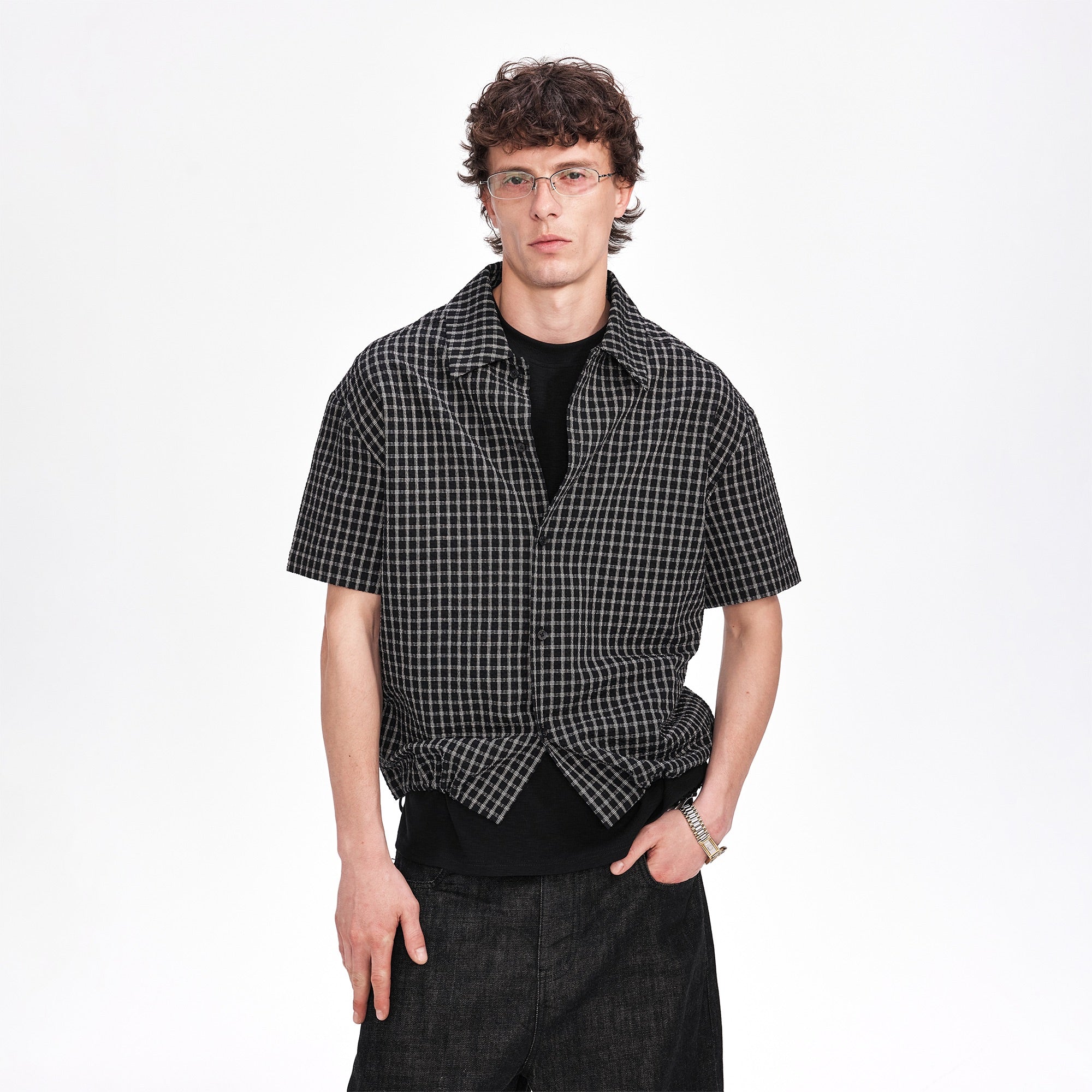 LABELROOM Seersucker Drawstring Check Shirt, premium urban and streetwear designers apparel on PROJECTISR.com, LABELROOM