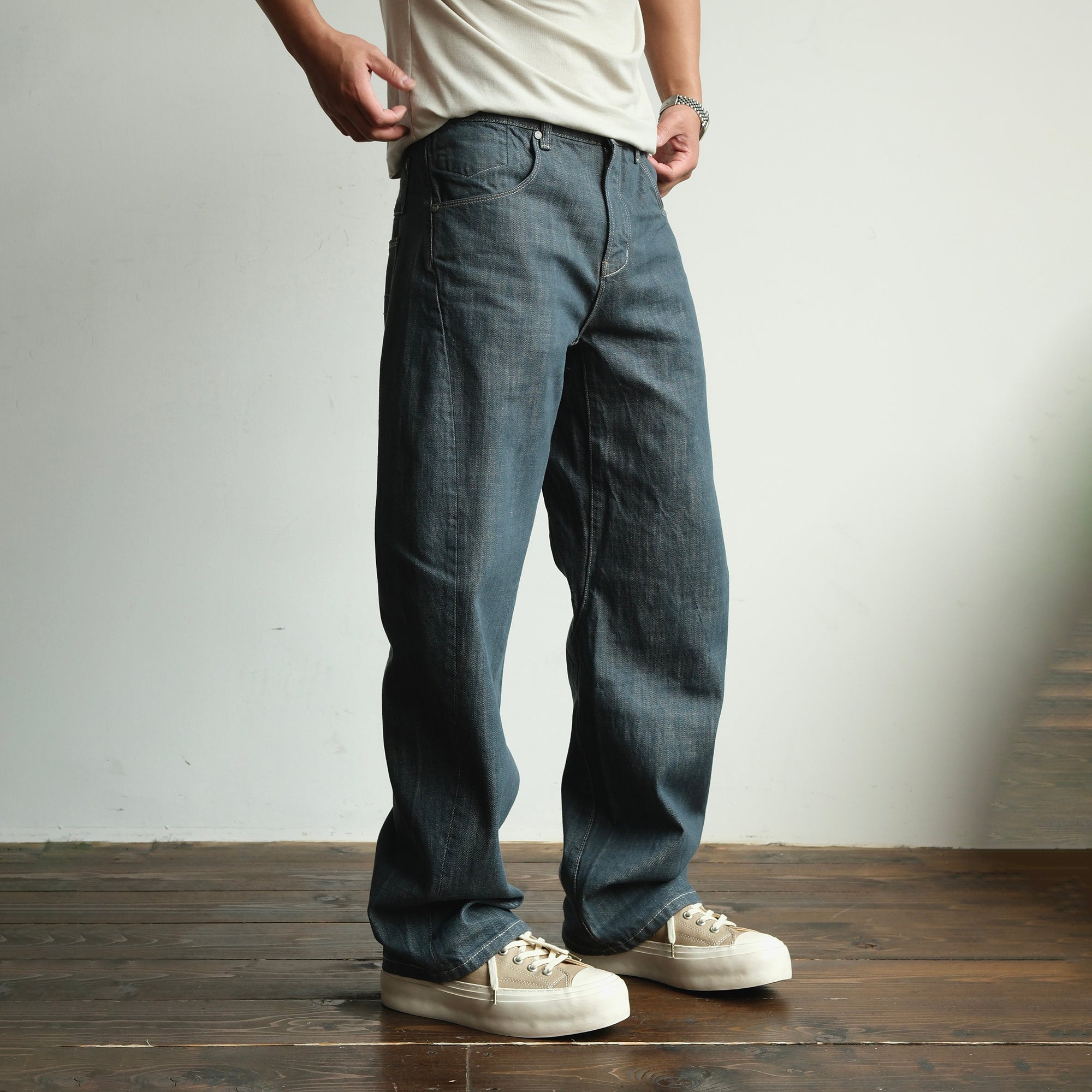 NEIGBORL Back-Buckle Washed Raw Denim Pants, premium urban and streetwear designers apparel on PROJECTISR.com, NEIGBORL