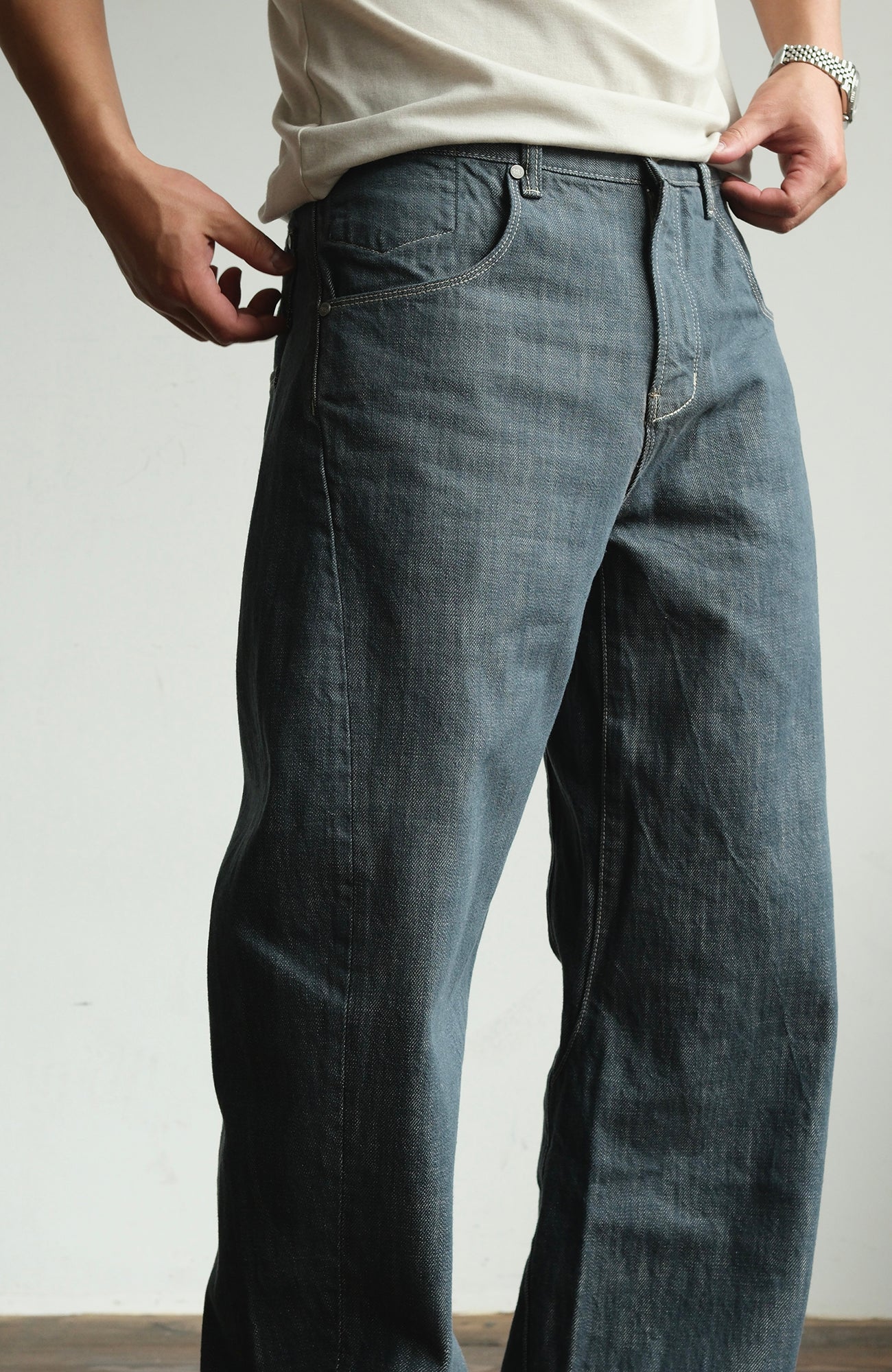 NEIGBORL Back-Buckle Washed Raw Denim Pants, premium urban and streetwear designers apparel on PROJECTISR.com, NEIGBORL