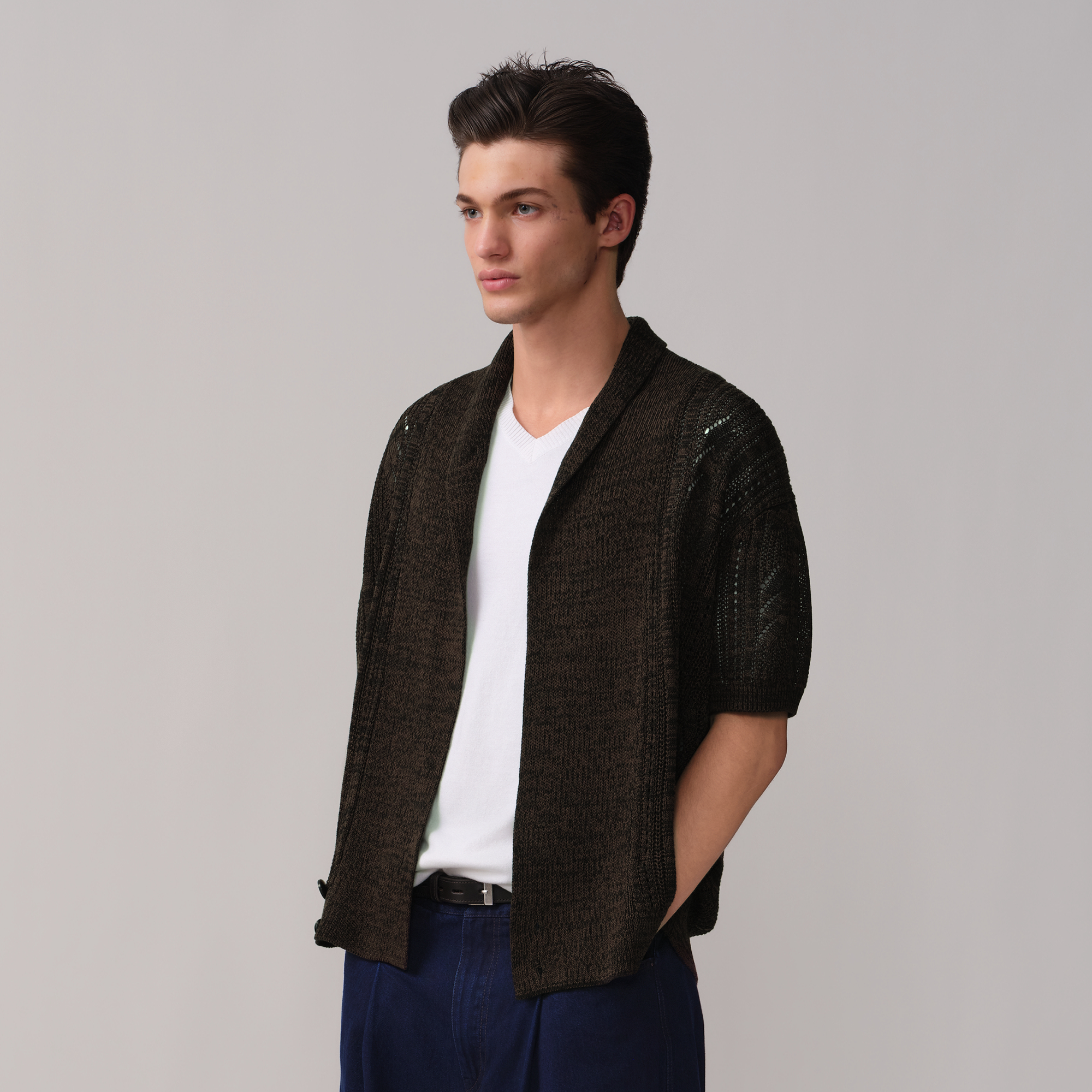 OPICLOTH Retro Shawl Collar Open-Knit Short-Sleeve Cardigan, premium urban and streetwear designers apparel on PROJECTISR.com, OPICLOTH