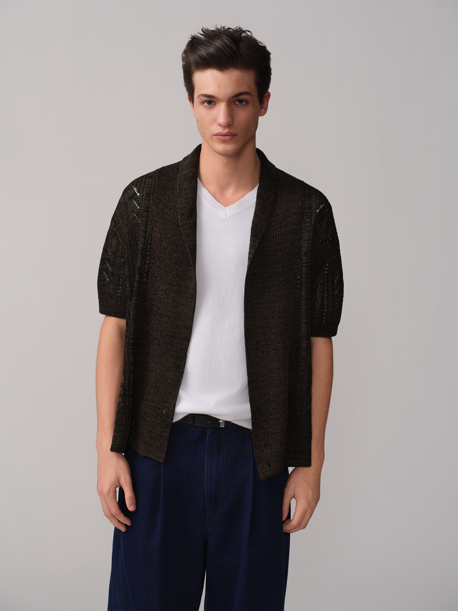 OPICLOTH Retro Shawl Collar Open-Knit Short-Sleeve Cardigan, premium urban and streetwear designers apparel on PROJECTISR.com, OPICLOTH