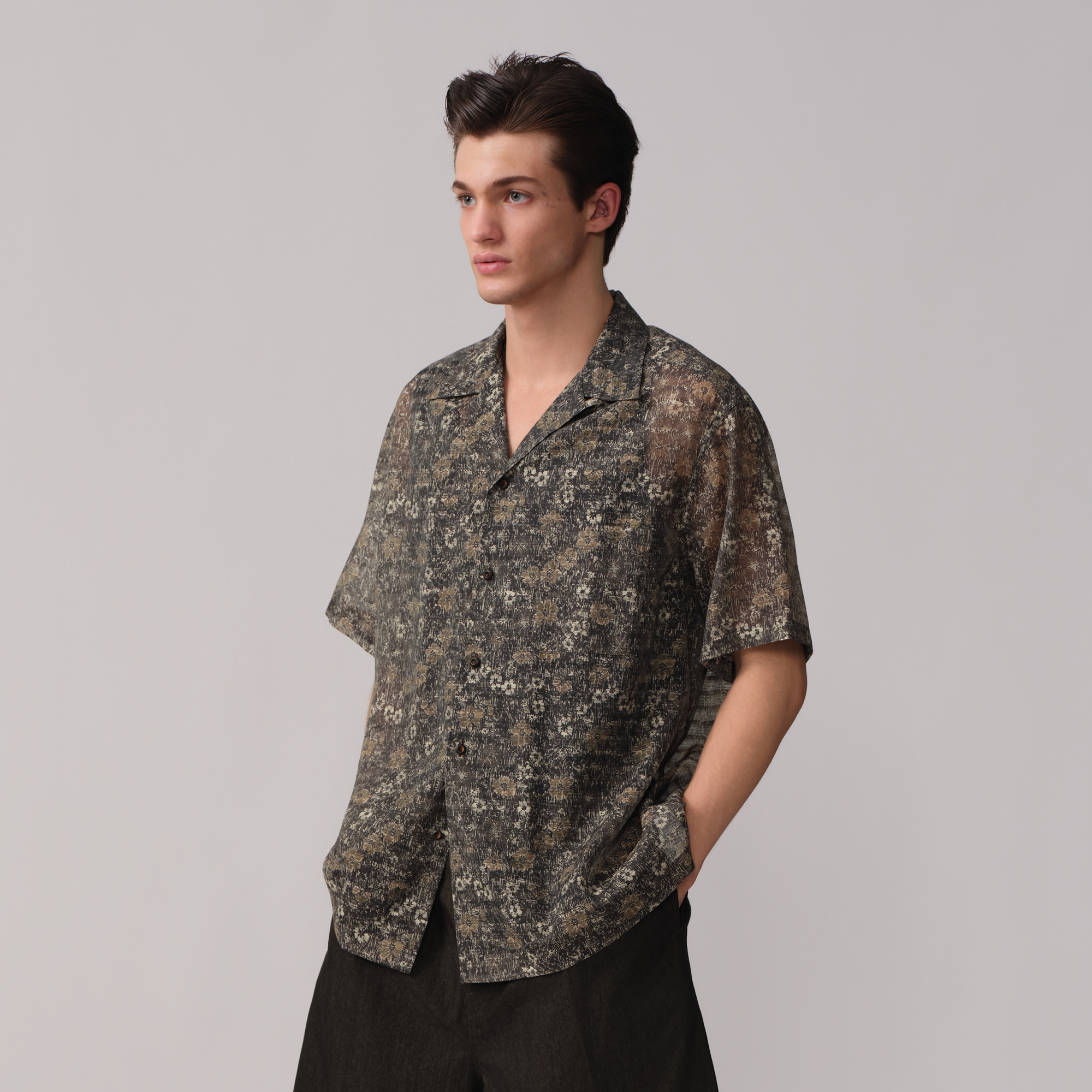 OPICLOTH Shadow Floral Cuban Collar Half Shirt, premium urban and streetwear designers apparel on PROJECTISR.com, OPICLOTH
