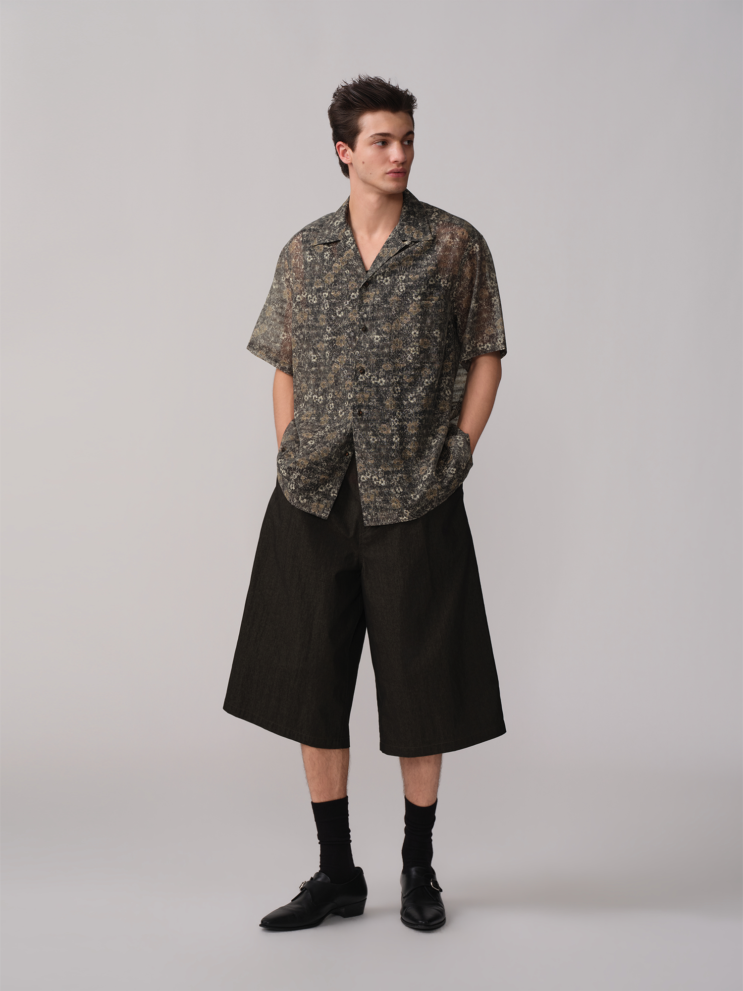 OPICLOTH Shadow Floral Cuban Collar Half Shirt, premium urban and streetwear designers apparel on PROJECTISR.com, OPICLOTH