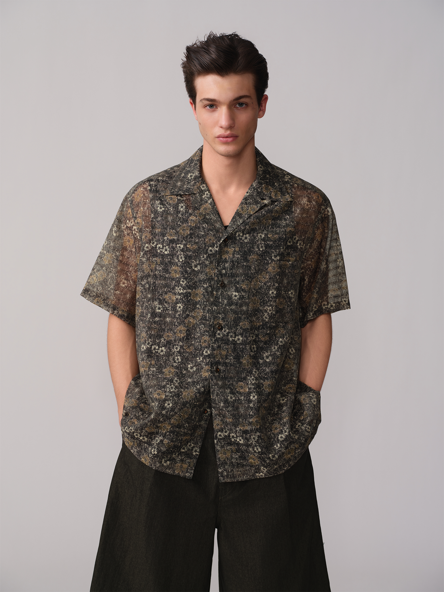 OPICLOTH Shadow Floral Cuban Collar Half Shirt, premium urban and streetwear designers apparel on PROJECTISR.com, OPICLOTH