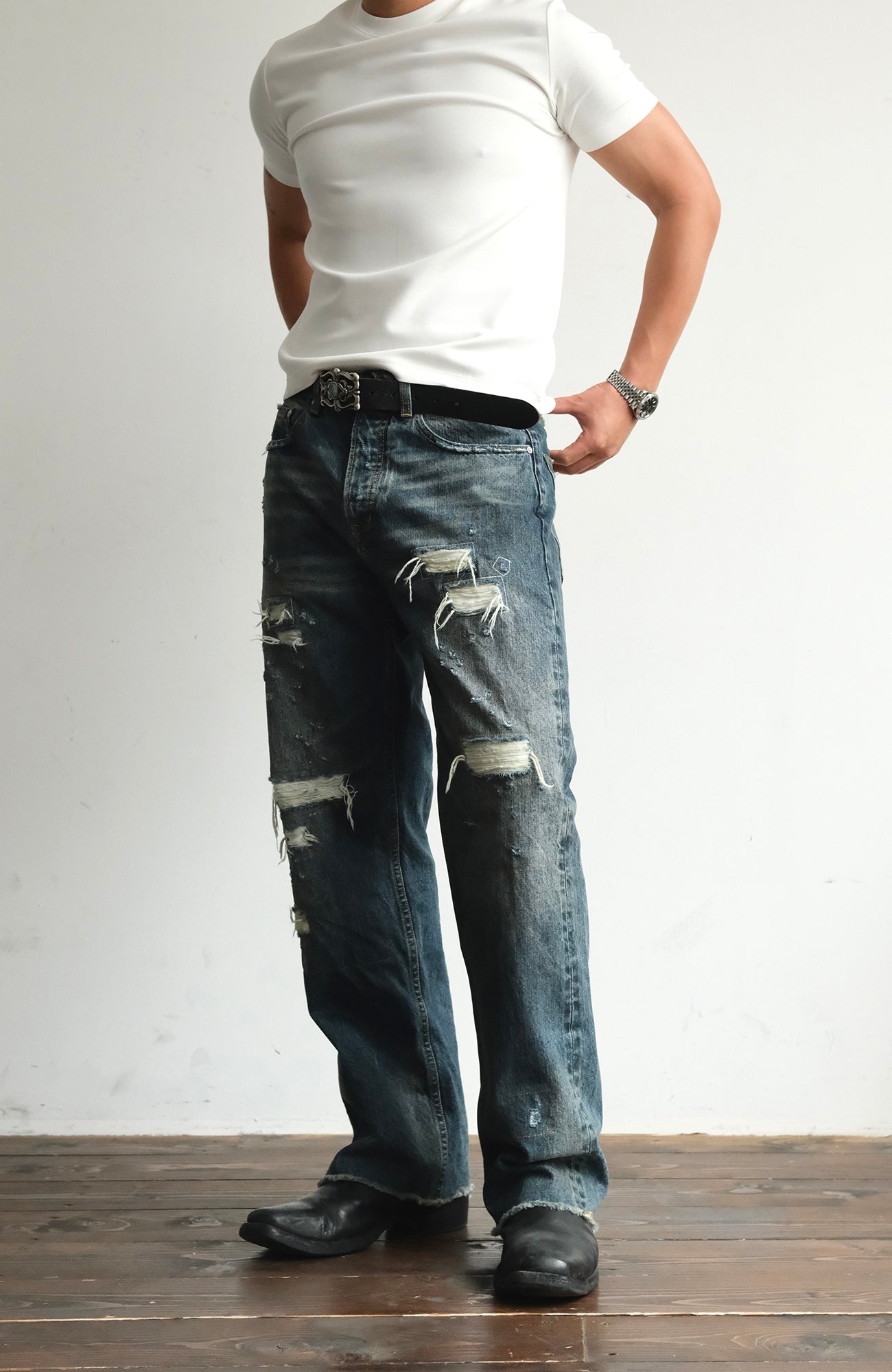 NEIGBORL Distressed Straight-Leg Jeans, premium urban and streetwear designers apparel on PROJECTISR.com, NEIGBORL