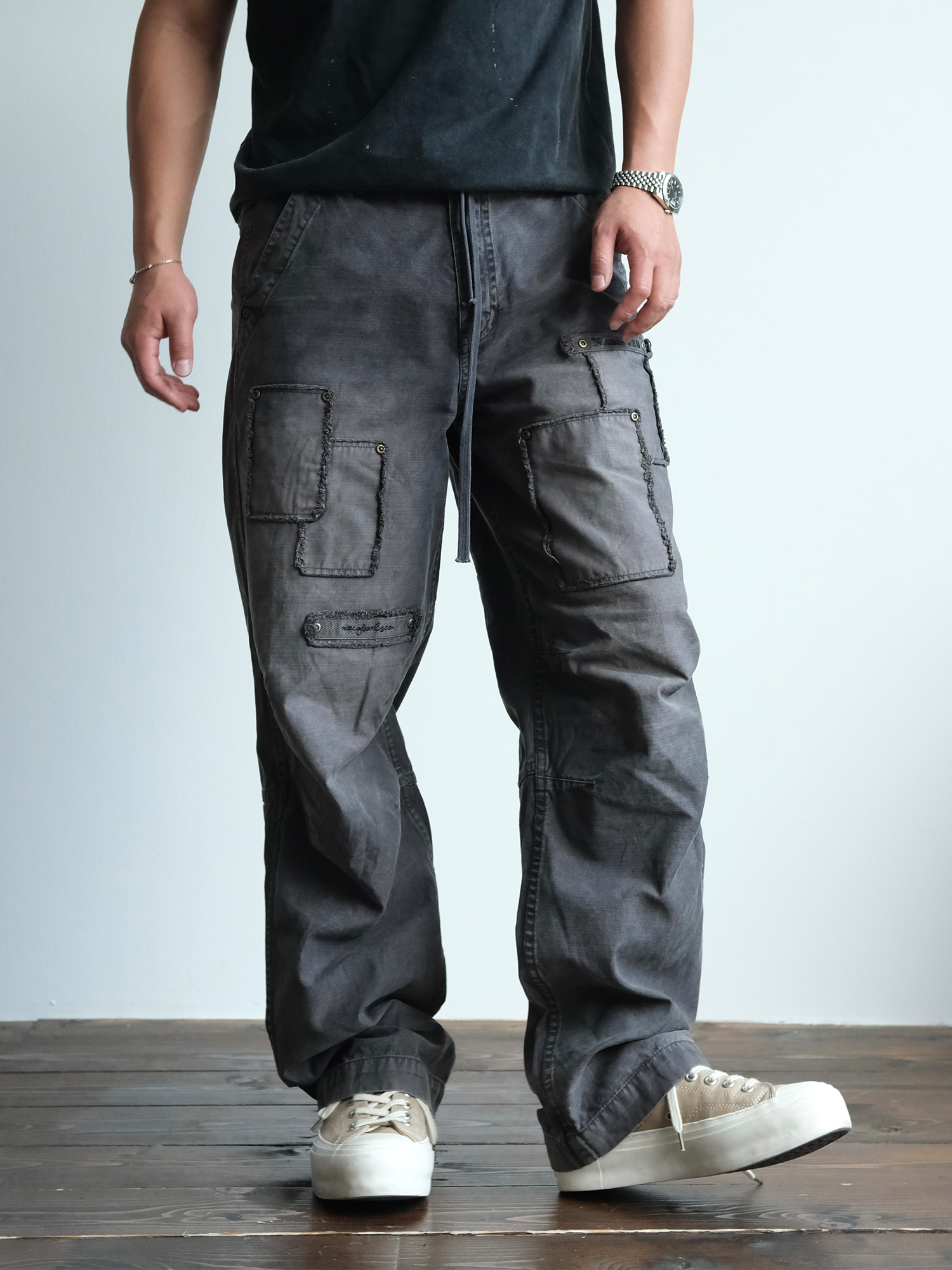 NEIGBORL Retro Washed Distressed Patch Cargo Pants