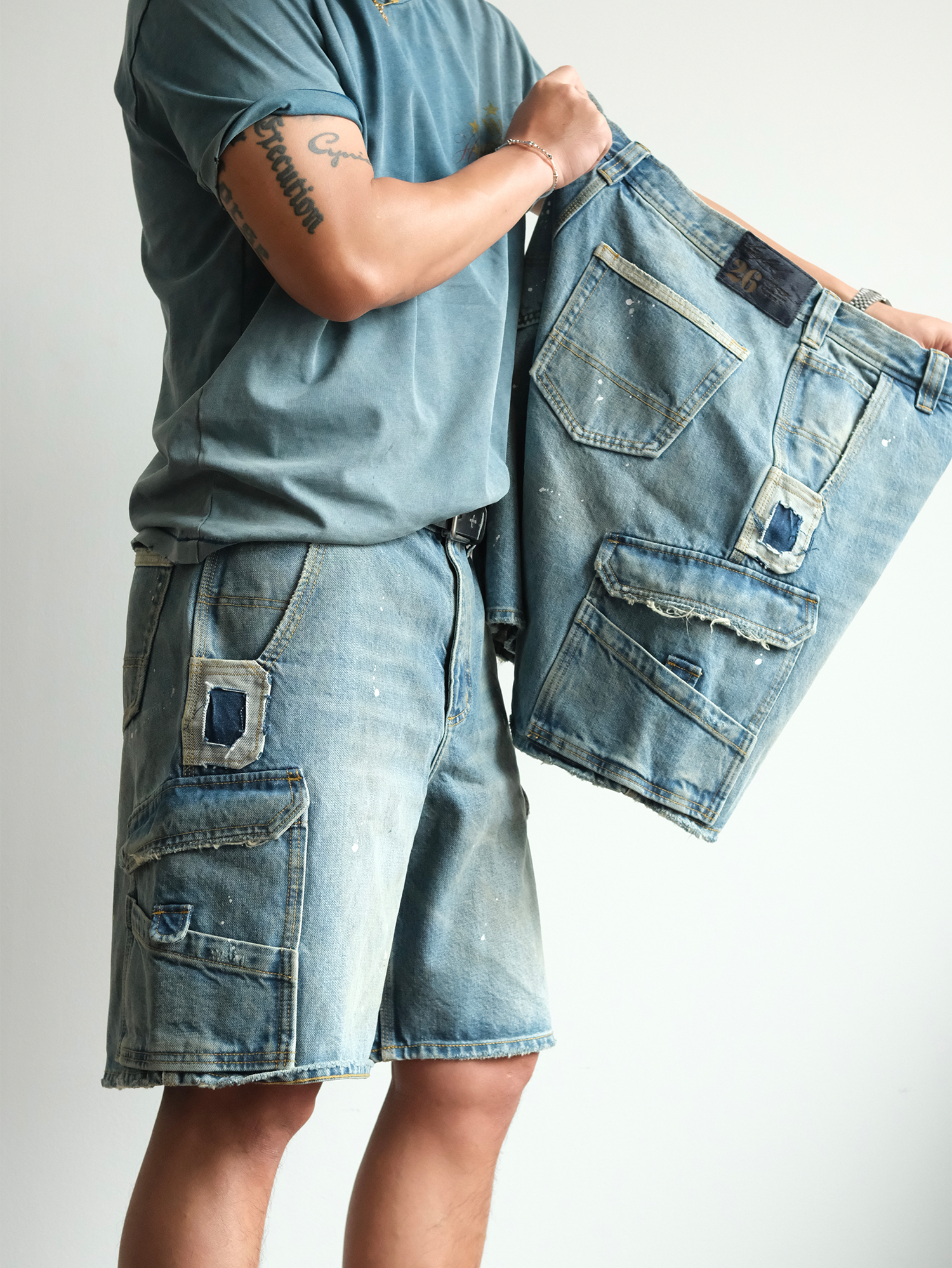 NEIGBORL Retro Washed Paint-Splattered Multi-Pocket Denim Shorts