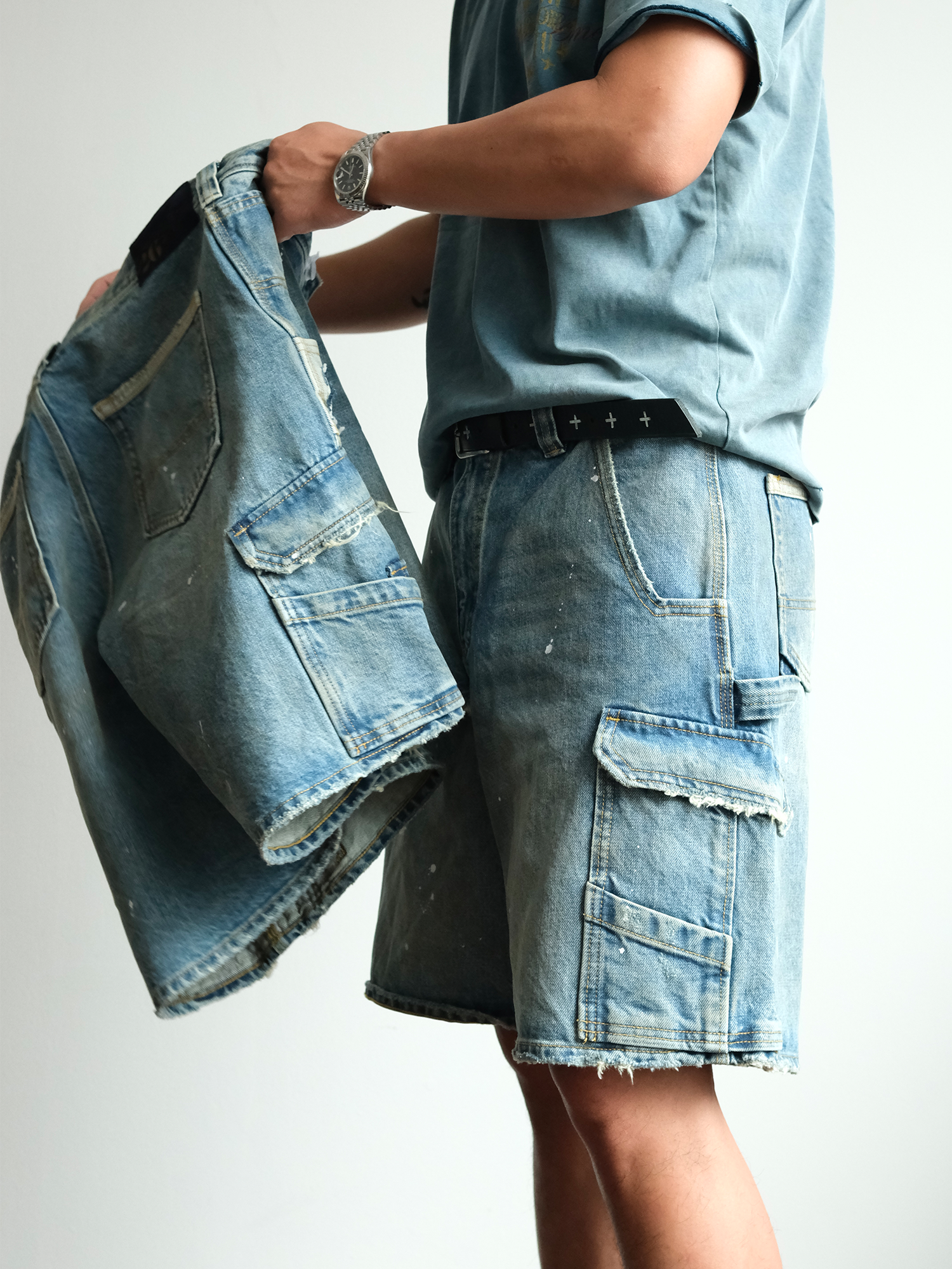 NEIGBORL Retro Washed Paint-Splattered Multi-Pocket Denim Shorts