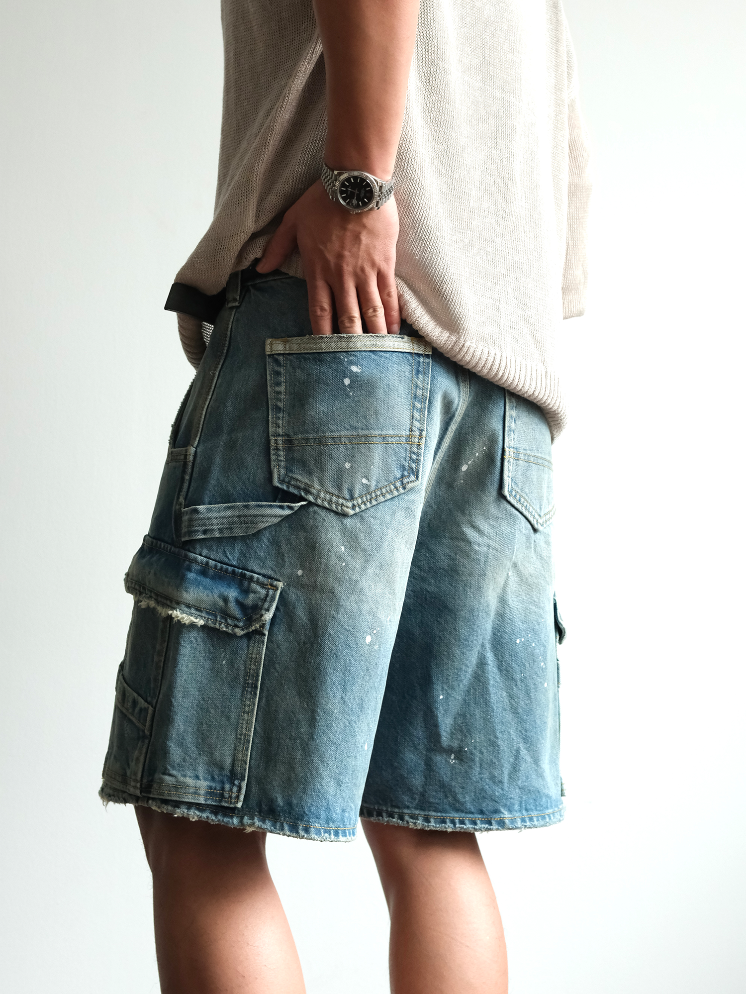 NEIGBORL Retro Washed Paint-Splattered Multi-Pocket Denim Shorts