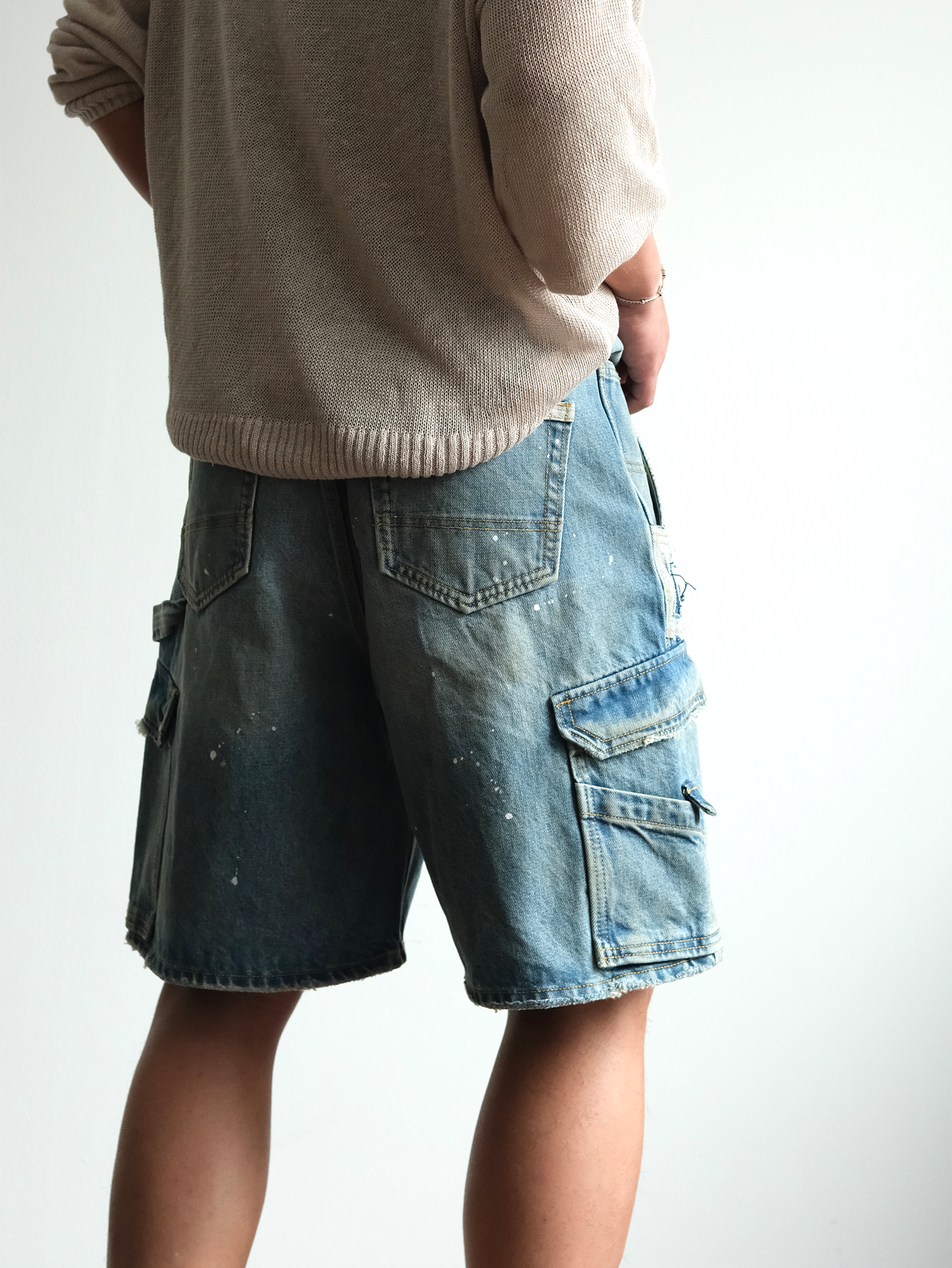 NEIGBORL Retro Washed Paint-Splattered Multi-Pocket Denim Shorts