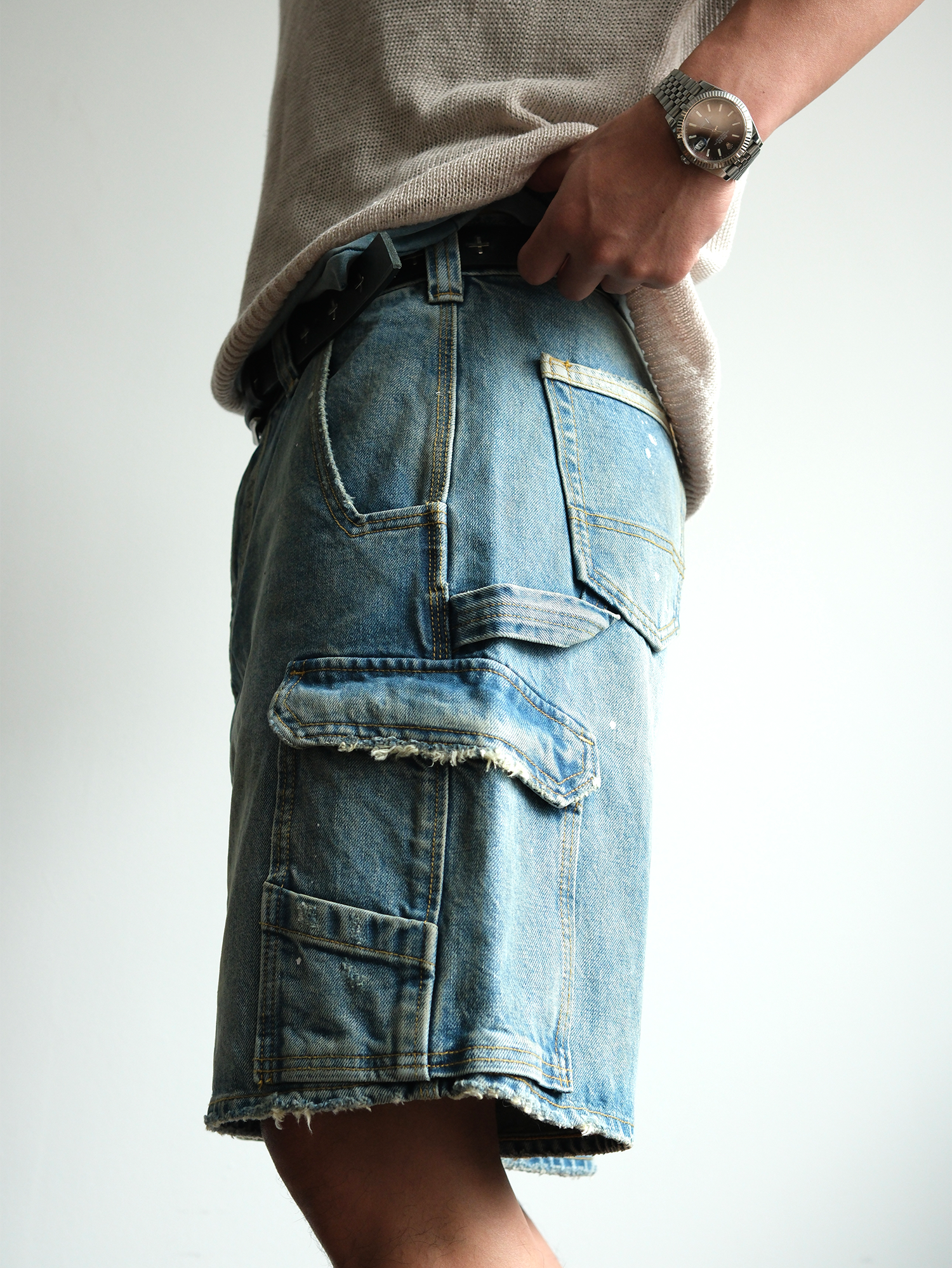 NEIGBORL Retro Washed Paint-Splattered Multi-Pocket Denim Shorts