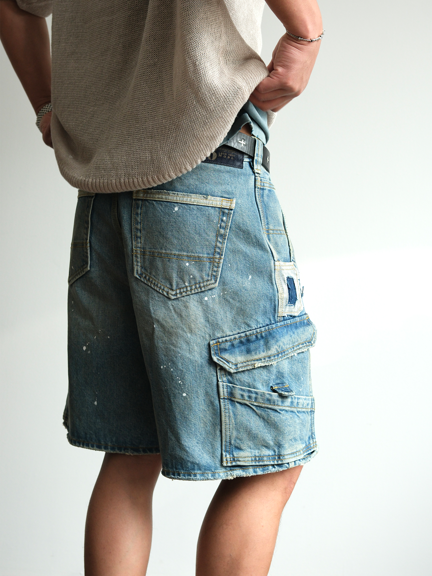 NEIGBORL Retro Washed Paint-Splattered Multi-Pocket Denim Shorts