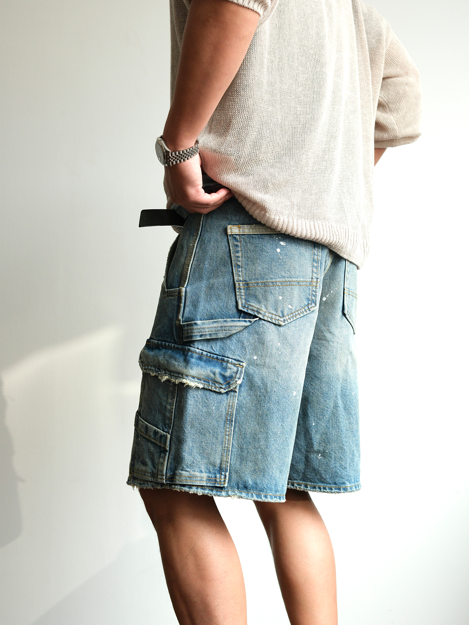 NEIGBORL Retro Washed Paint-Splattered Multi-Pocket Denim Shorts