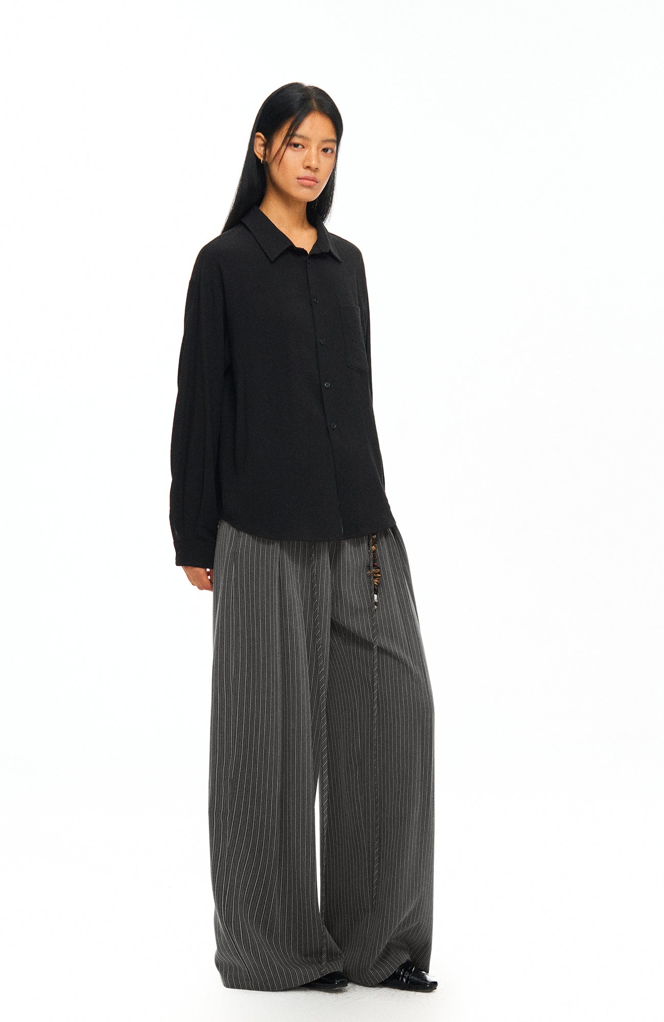 TGNS Ruched Double-Waist Striped Pleated Wide-Leg Trousers