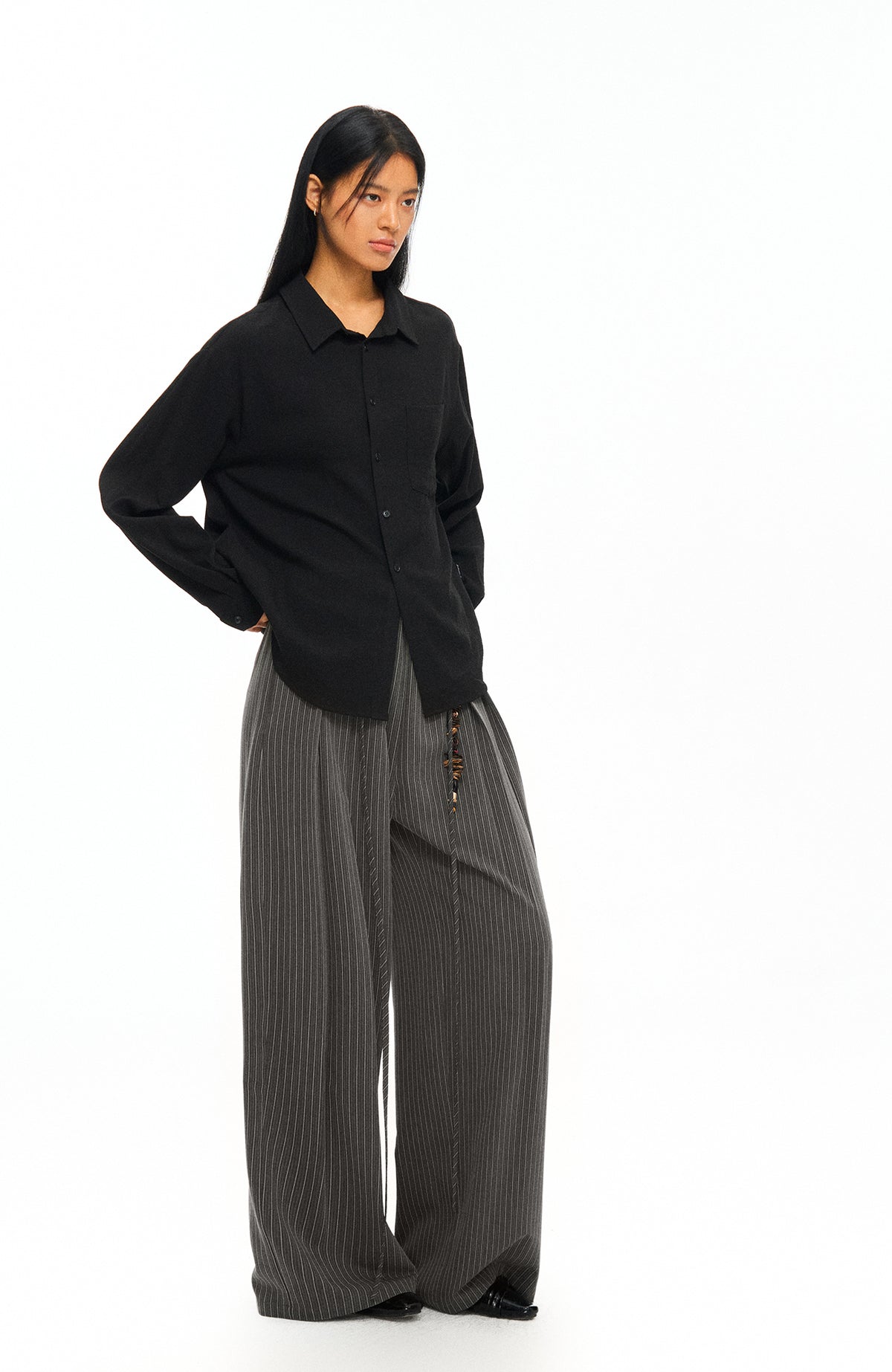 TGNS Ruched Double-Waist Striped Pleated Wide-Leg Trousers